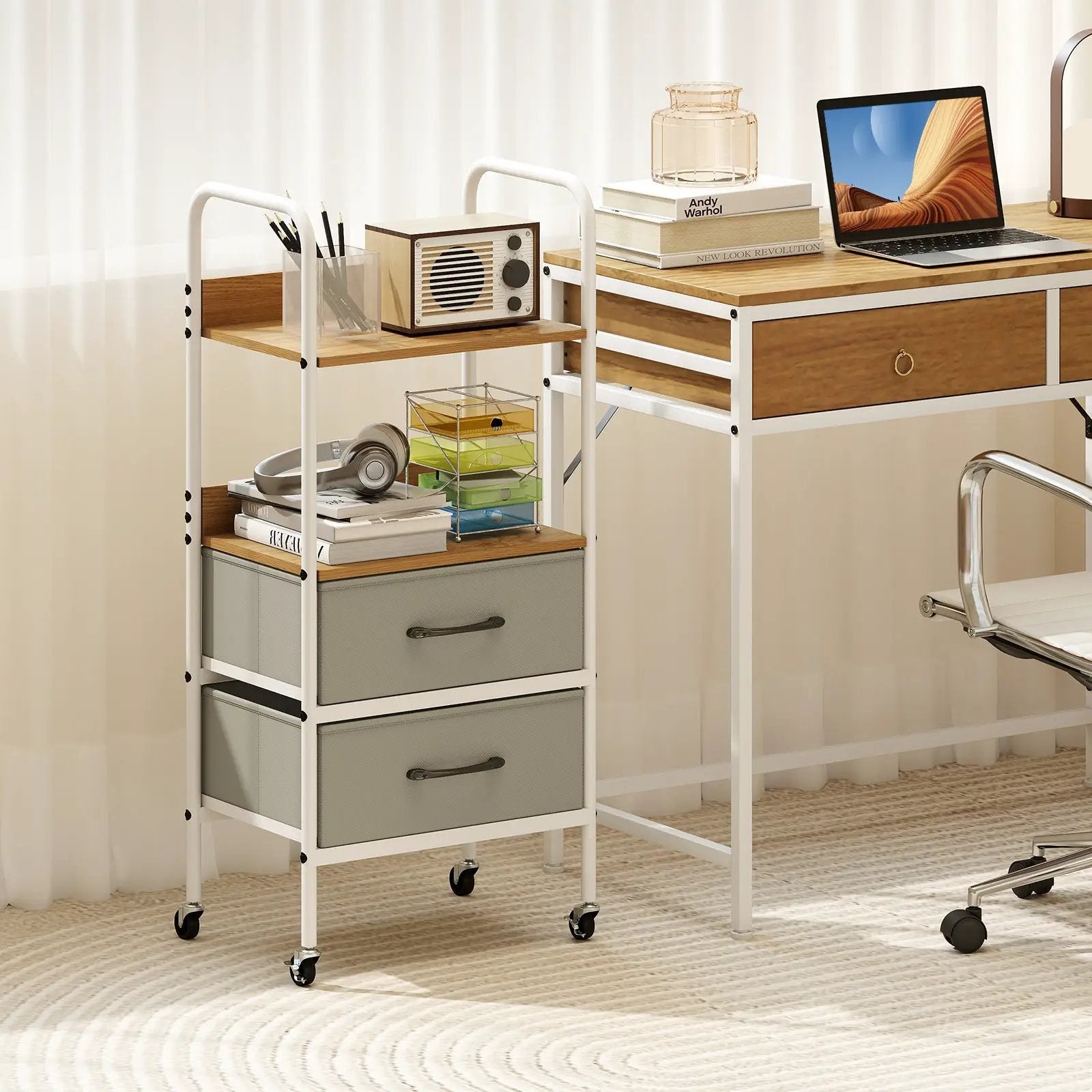 Rolling Utility Storage Cart with 2 Open Shelves and 2 Fabric Drawers-Natural by DirectDeals