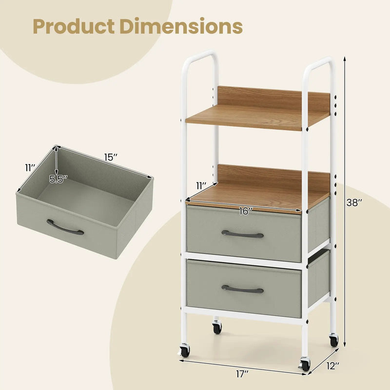 Rolling Utility Storage Cart with 2 Open Shelves and 2 Fabric Drawers-Natural by DirectDeals