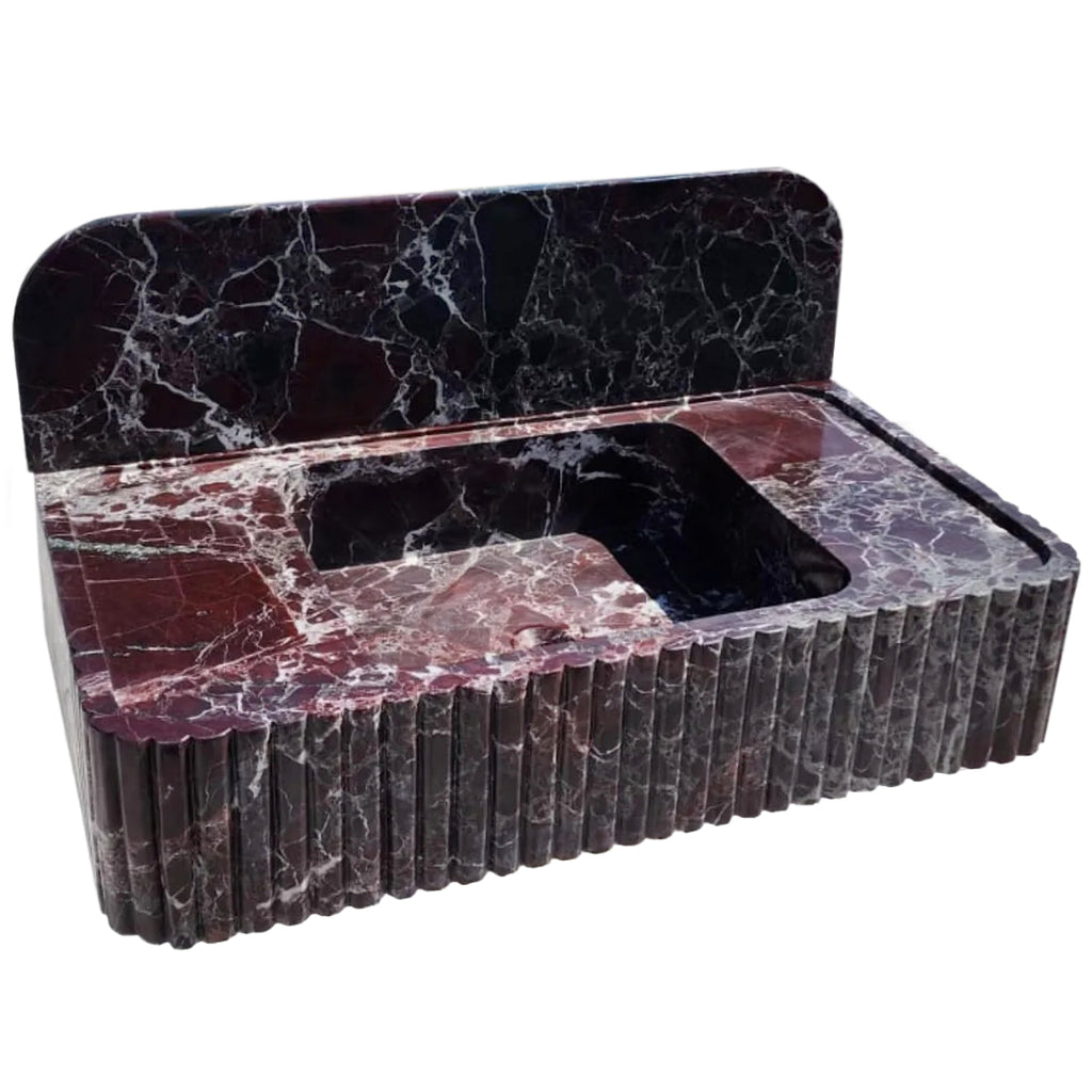 Rosso Levanto Marble Wall-mount Bathroom Sink Fluted Front with 8" Backsplash by GobekDesign