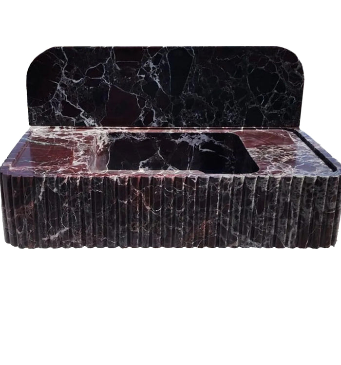 Rosso Levanto Marble Wall-mount Bathroom Sink Fluted Front with 8" Backsplash by GobekDesign