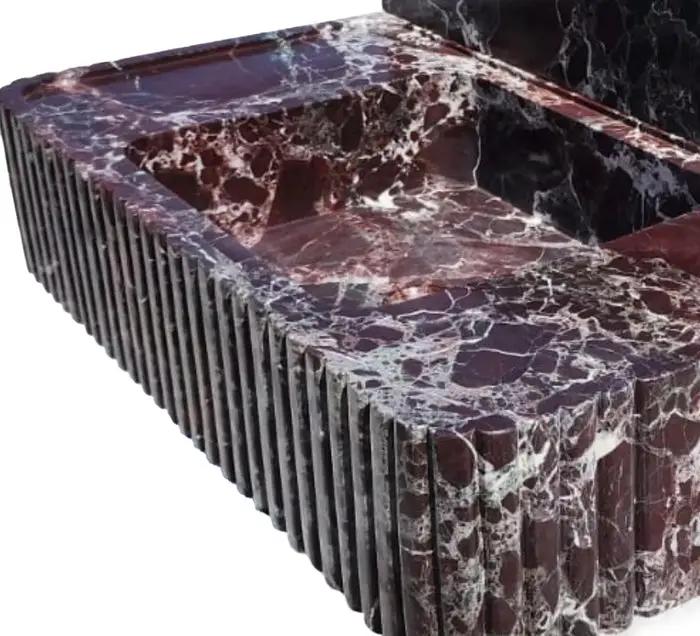 Rosso Levanto Marble Fluted Wall Mount Sink 8 Inch Backsplash by GobekDesign