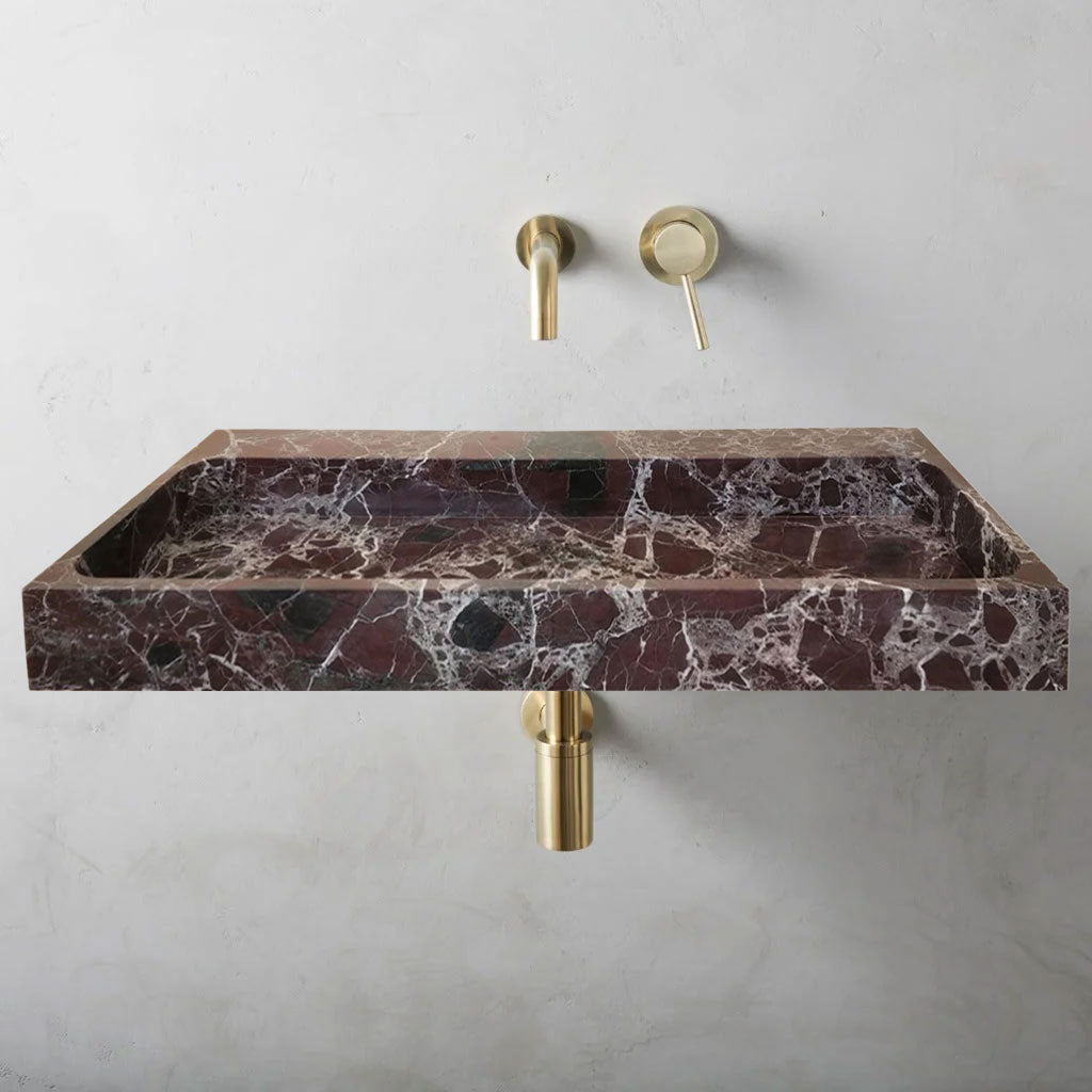 Rosso Levanto Marble Rectangular Wall-mount Sink (W)20" (L)48" (H)5" by GobekDesign
