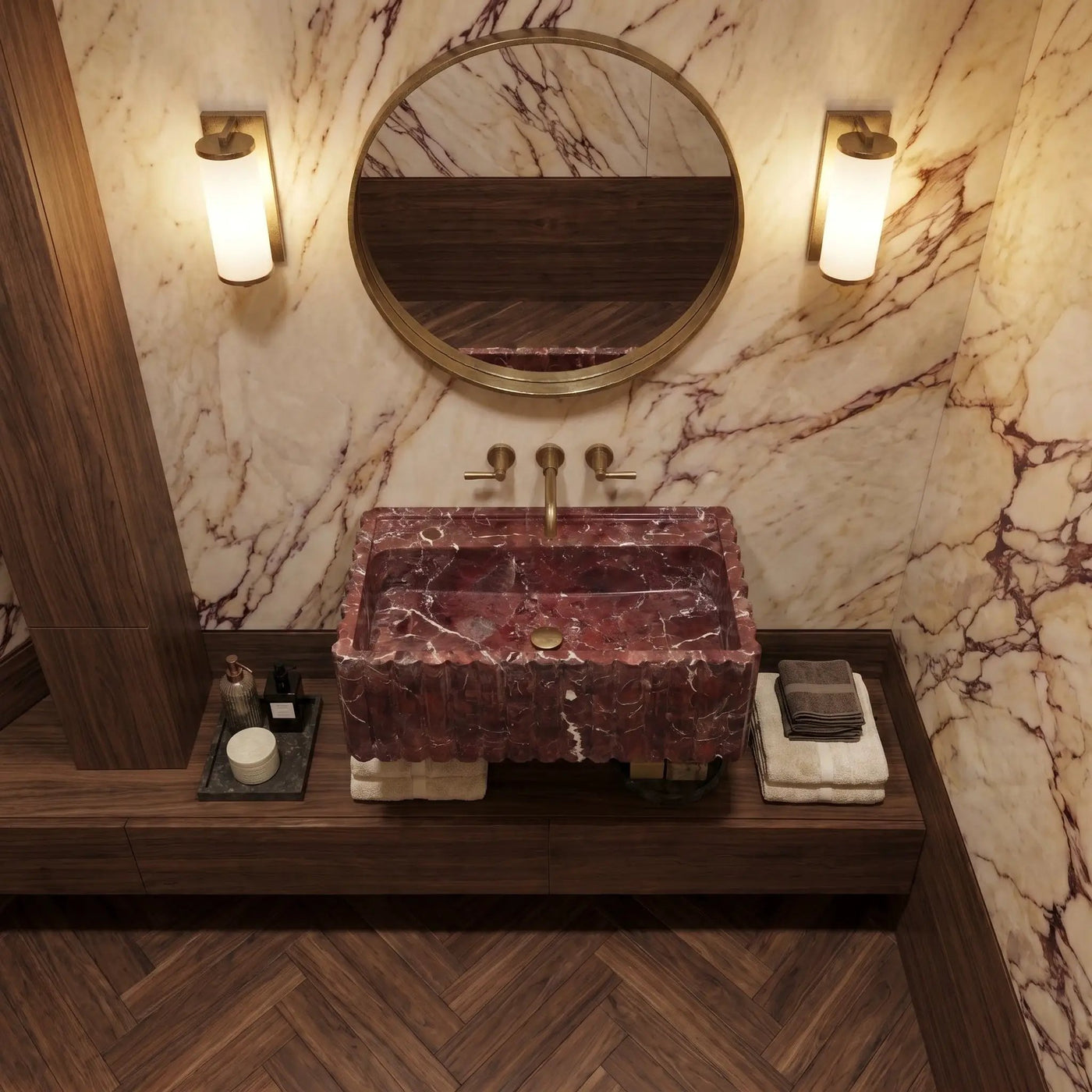 Rosso Levanto Marble Wall-Mount Bathroom Sink Fluted Design 24x16 by GobekDesign