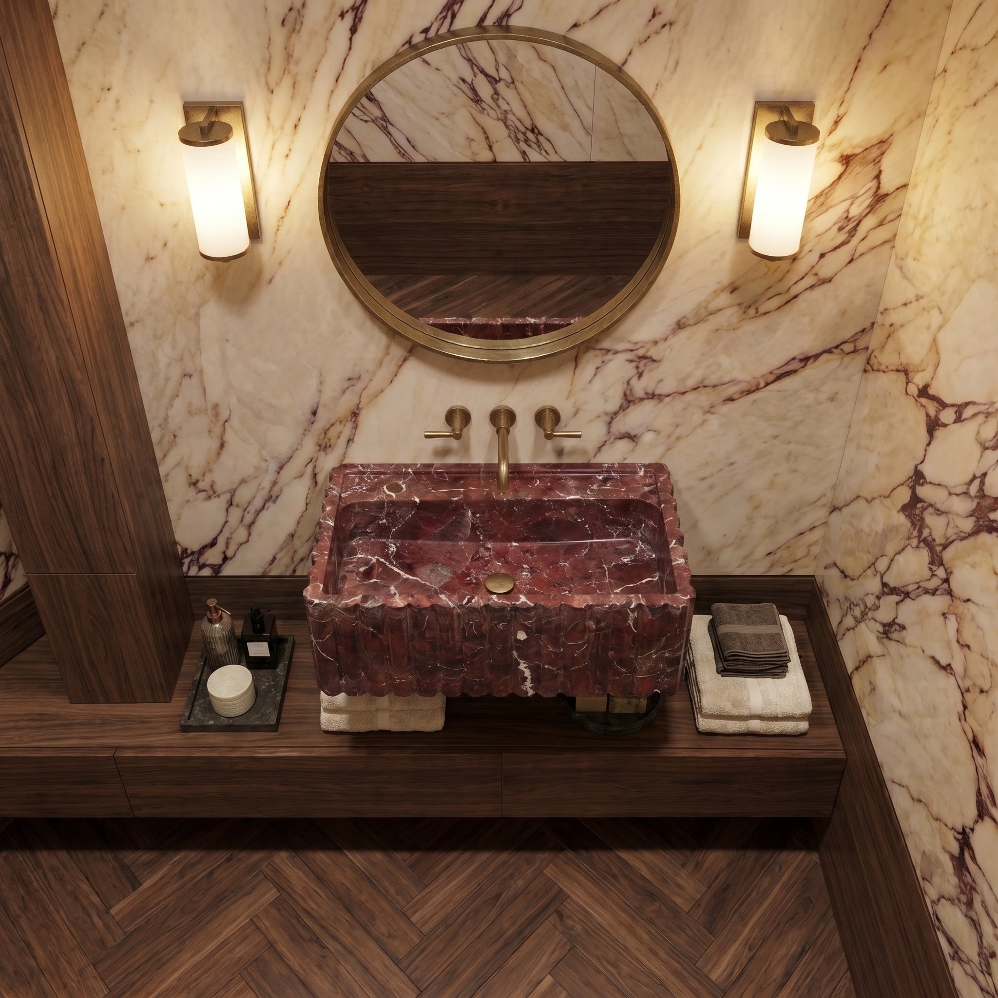 Rosso Levanto Marble Wall-Mount Bathroom Sink Fluted Design 24x16 by GobekDesign