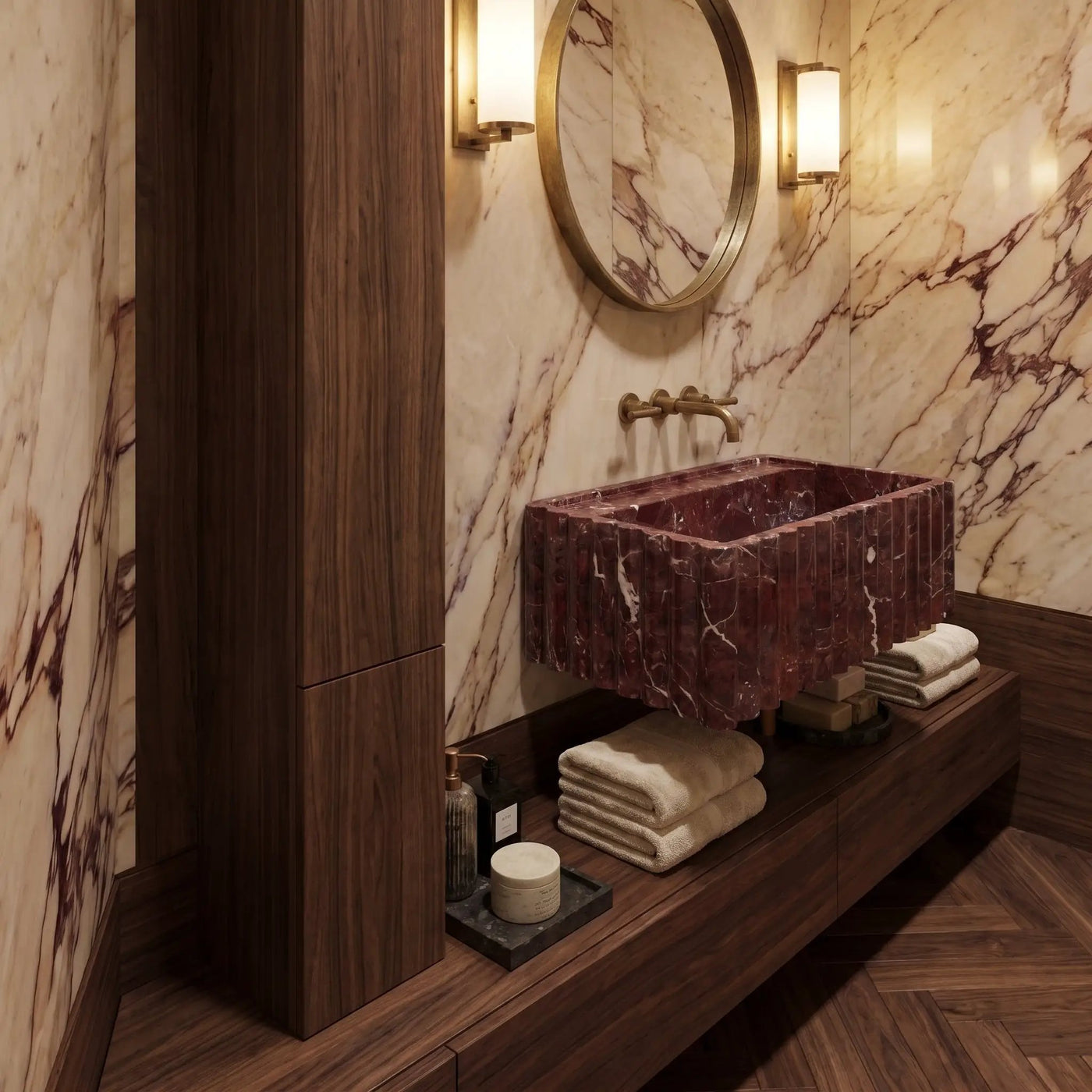 Rosso Levanto Marble Wall-Mount Bathroom Sink Fluted Design 24x16 by GobekDesign