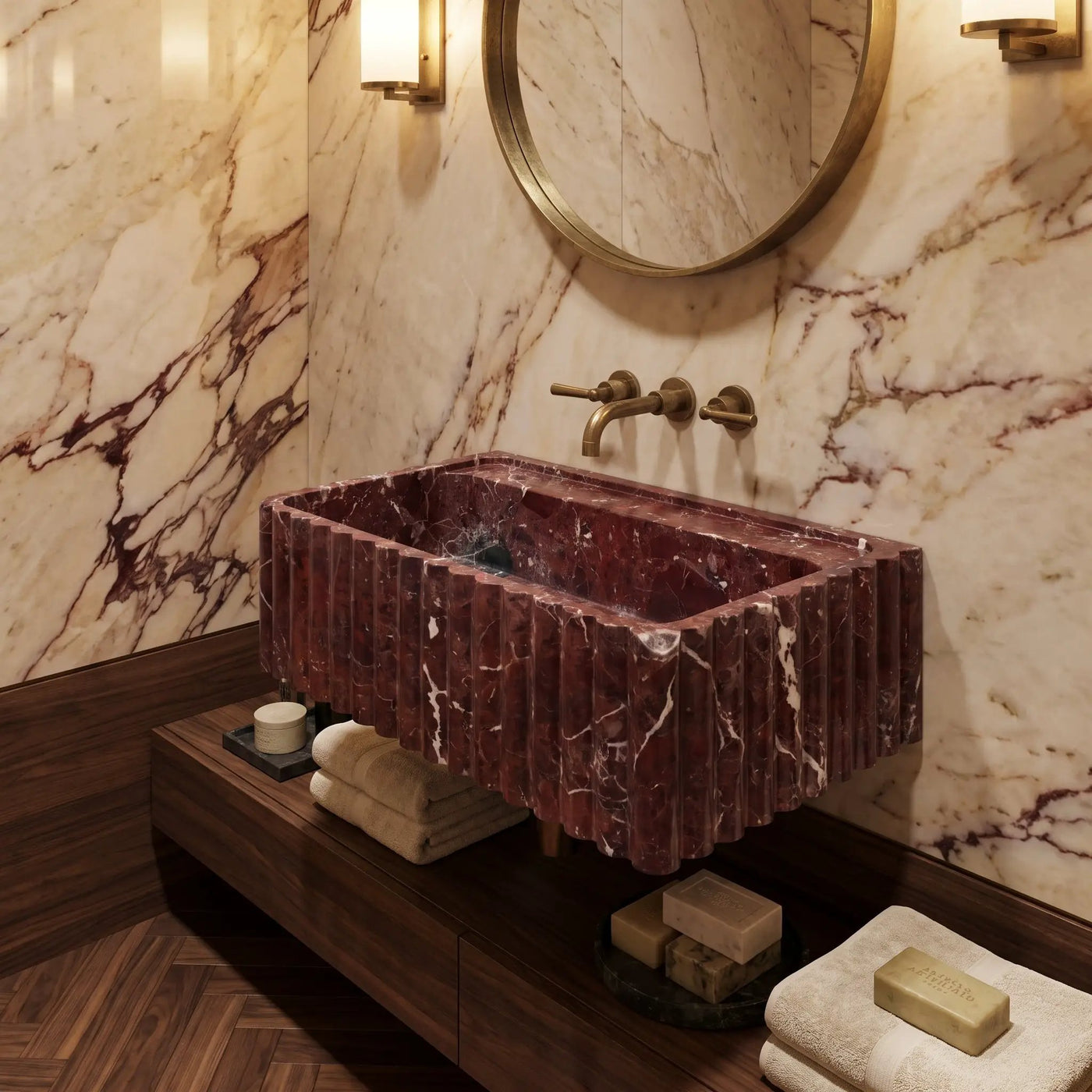 Rosso Levanto Marble Wall-Mount Bathroom Sink Fluted Design 24x16 by GobekDesign