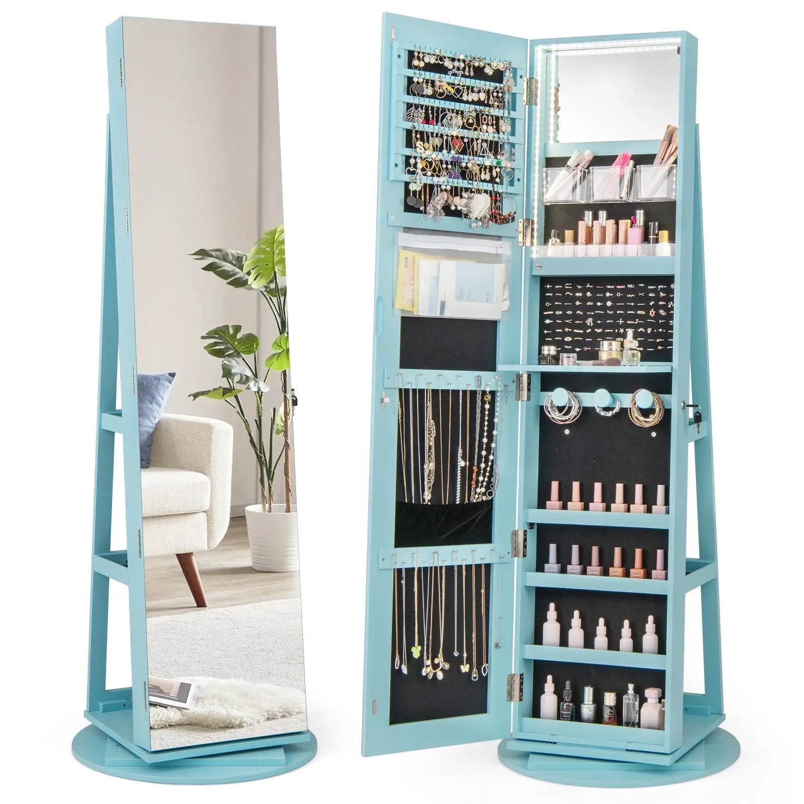 360° Rotating Mirrored Jewelry Cabinet Armoire 3 Color LED Modes Lockable by DirectDeals