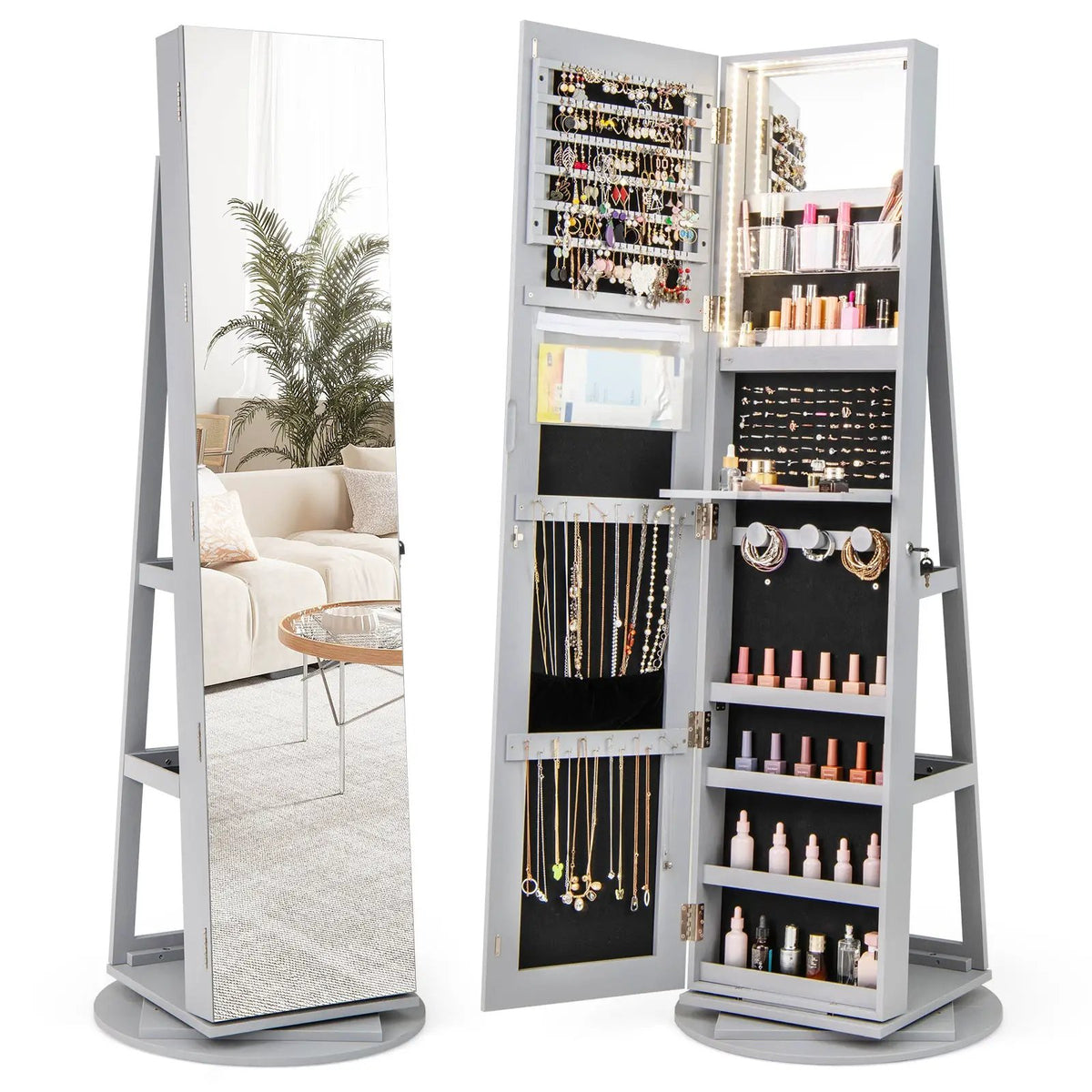 360° Rotating Mirrored Jewelry Cabinet Armoire 3 Color LED Modes Lockable, photo 10 of 15