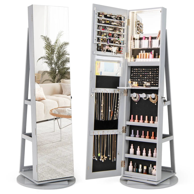 360° Rotating Mirrored Jewelry Cabinet Armoire 3 Color LED Modes Lockable by DirectDeals