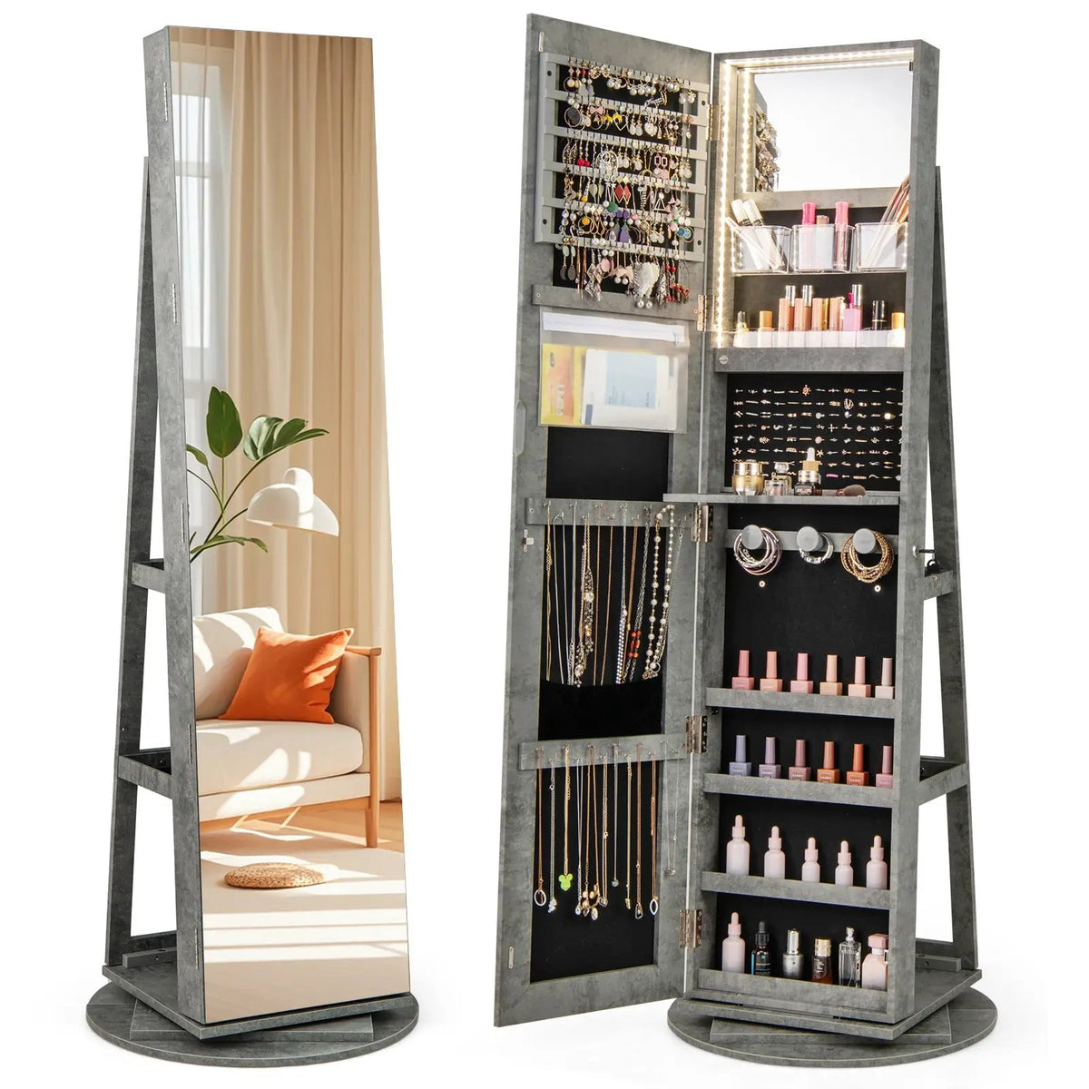 360° Rotating Mirrored Jewelry Cabinet Armoire 3 Color LED Modes Lockable, photo 15 of 15