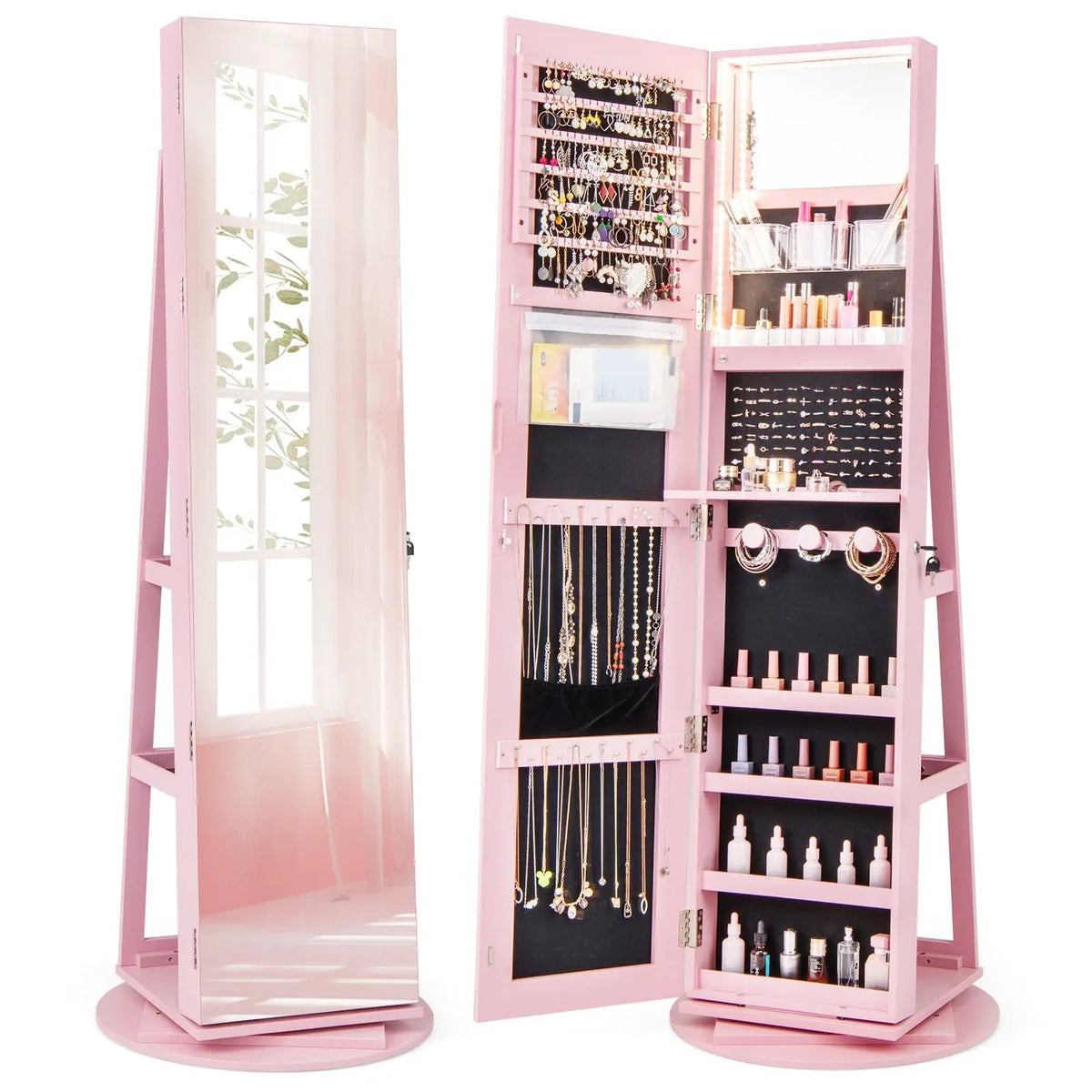 360° Rotating Mirrored Jewelry Cabinet Armoire 3 Color LED Modes Lockable, photo 12 of 15