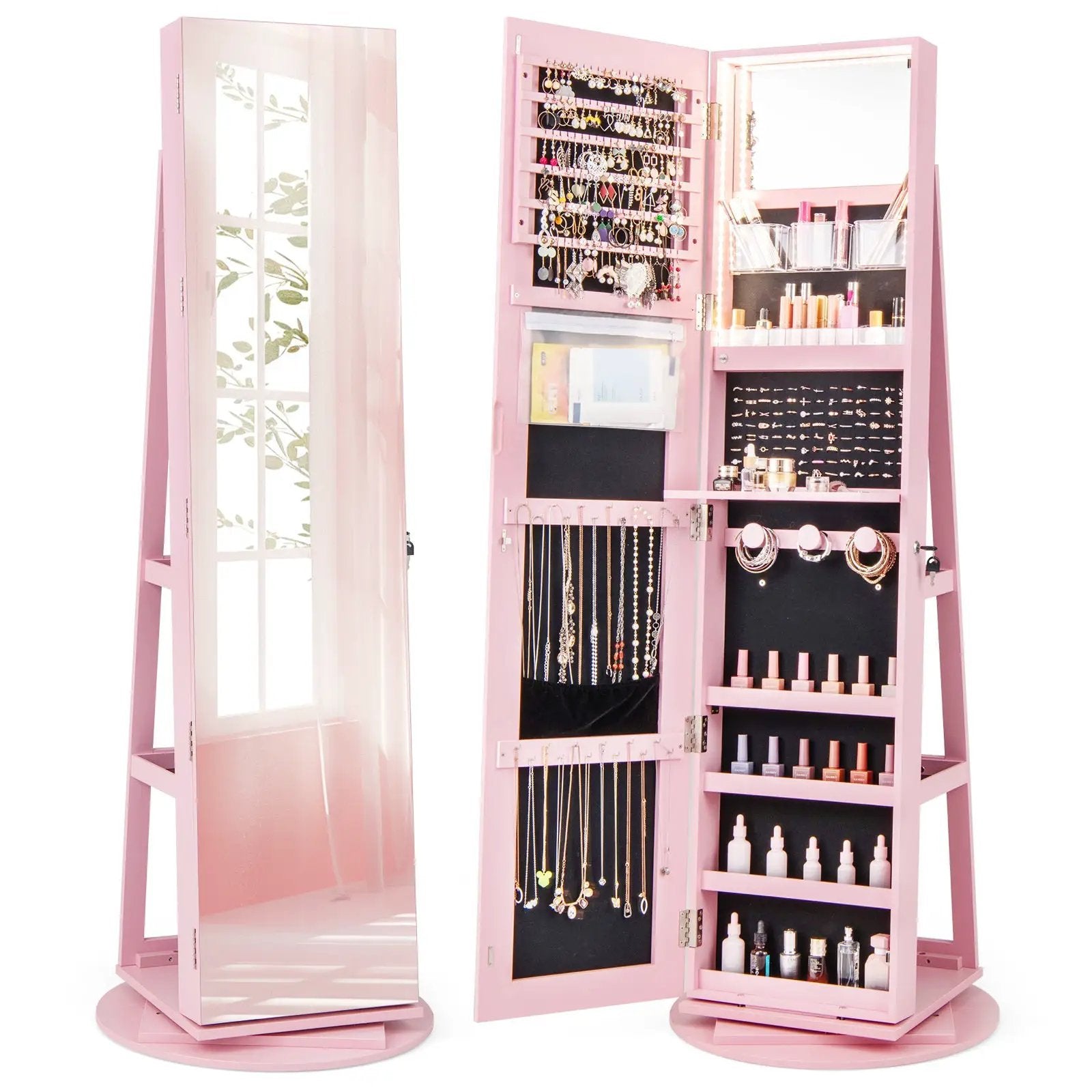 360° Rotating Mirrored Jewelry Cabinet Armoire 3 Color LED Modes Lockable by DirectDeals