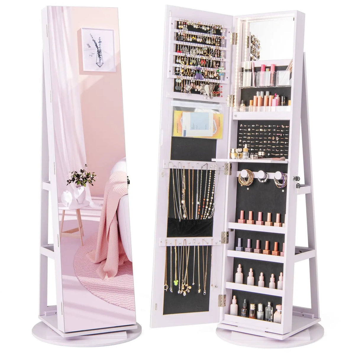 360° Rotating Mirrored Jewelry Cabinet Armoire 3 Color LED Modes Lockable, photo 13 of 15