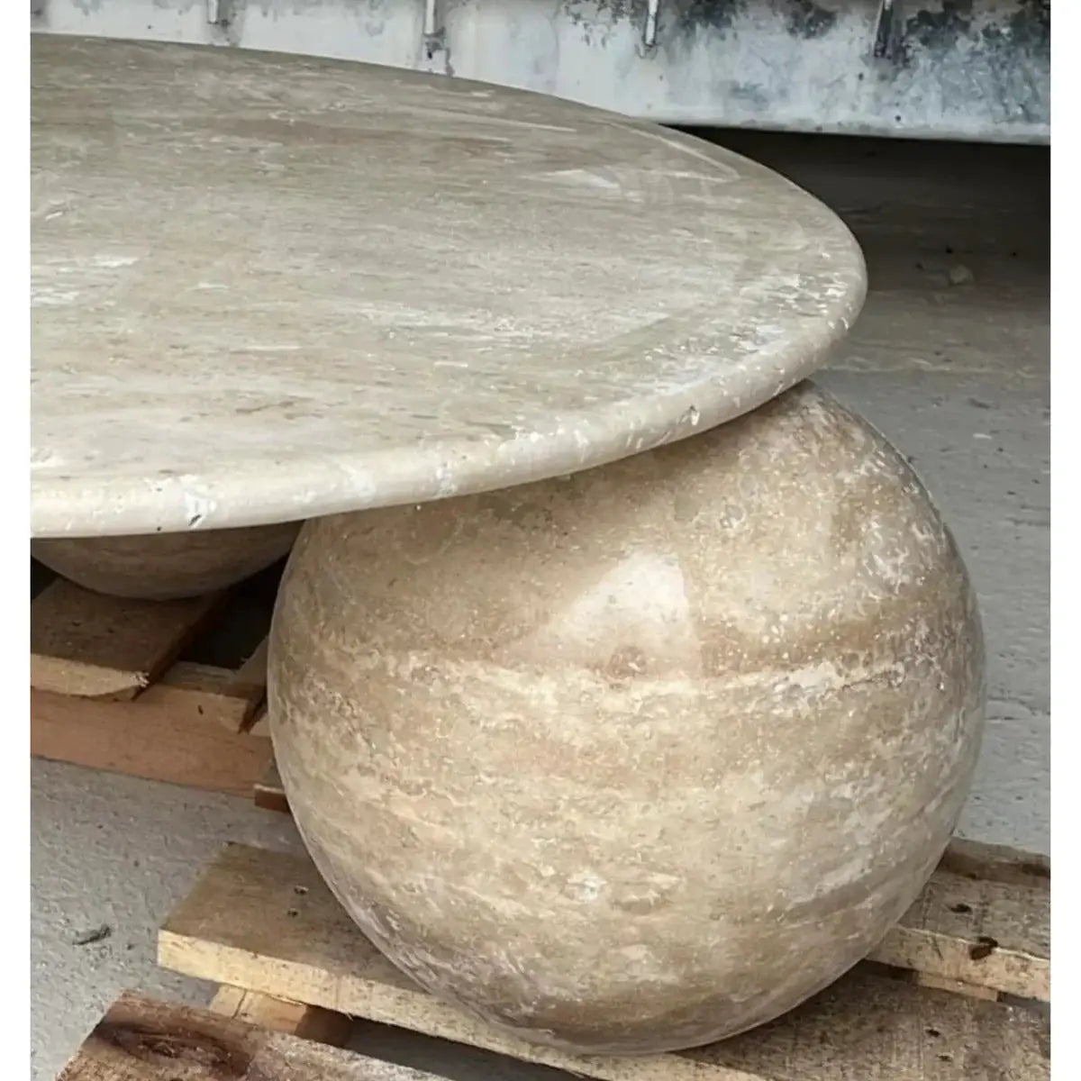 Light Travertine Designer Round Coffee Table with Sphere Legs by GobekDesign