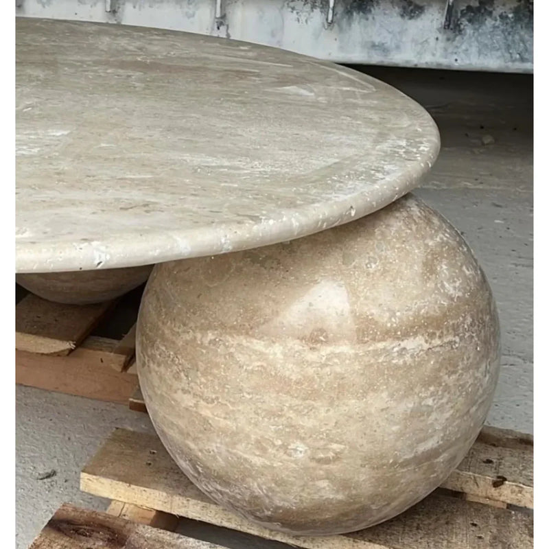 Troia Light Travertine Round Designer Coffee Table with Sphere Legs by GobekDesign