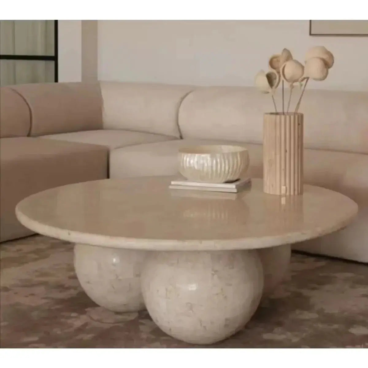 Light Travertine Designer Round Coffee Table with Sphere Legs by GobekDesign