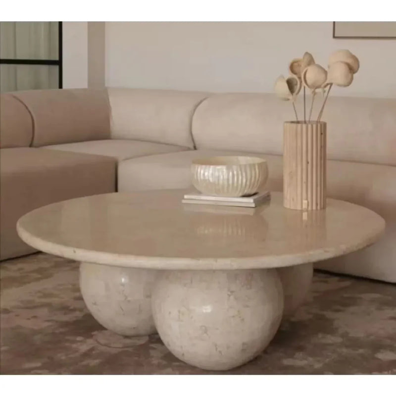 Troia Light Travertine Round Designer Coffee Table with Sphere Legs by GobekDesign
