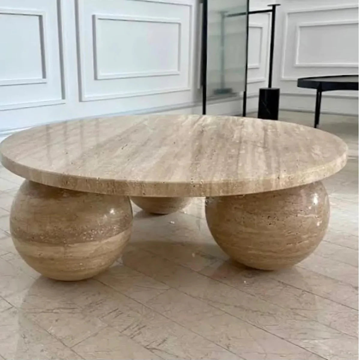 Troia Light Travertine Round Designer Coffee Table with Sphere Legs by GobekDesign