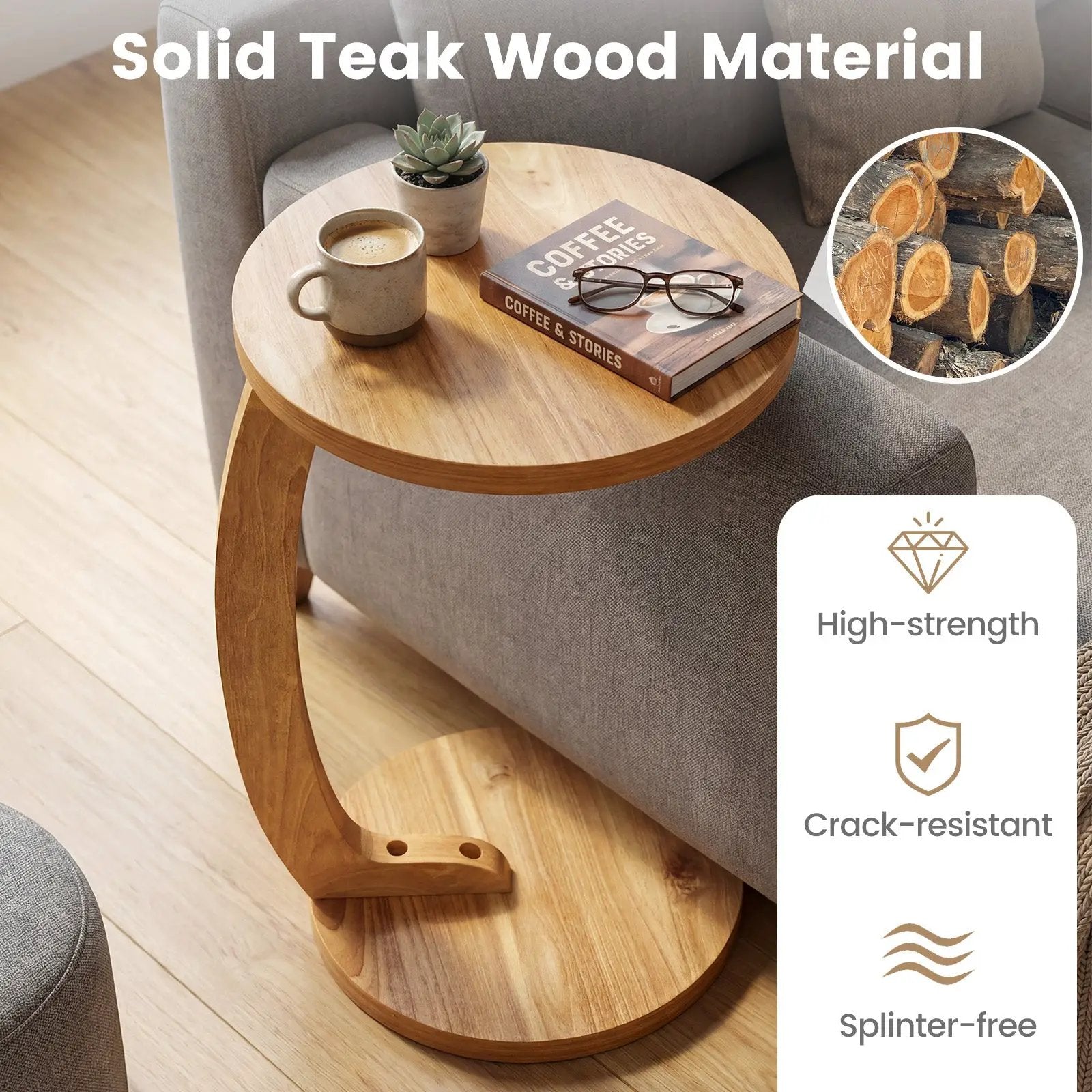 24 Inch Round C-shaped Side Table with Thickened Top and Sturdy Base by DirectDeals