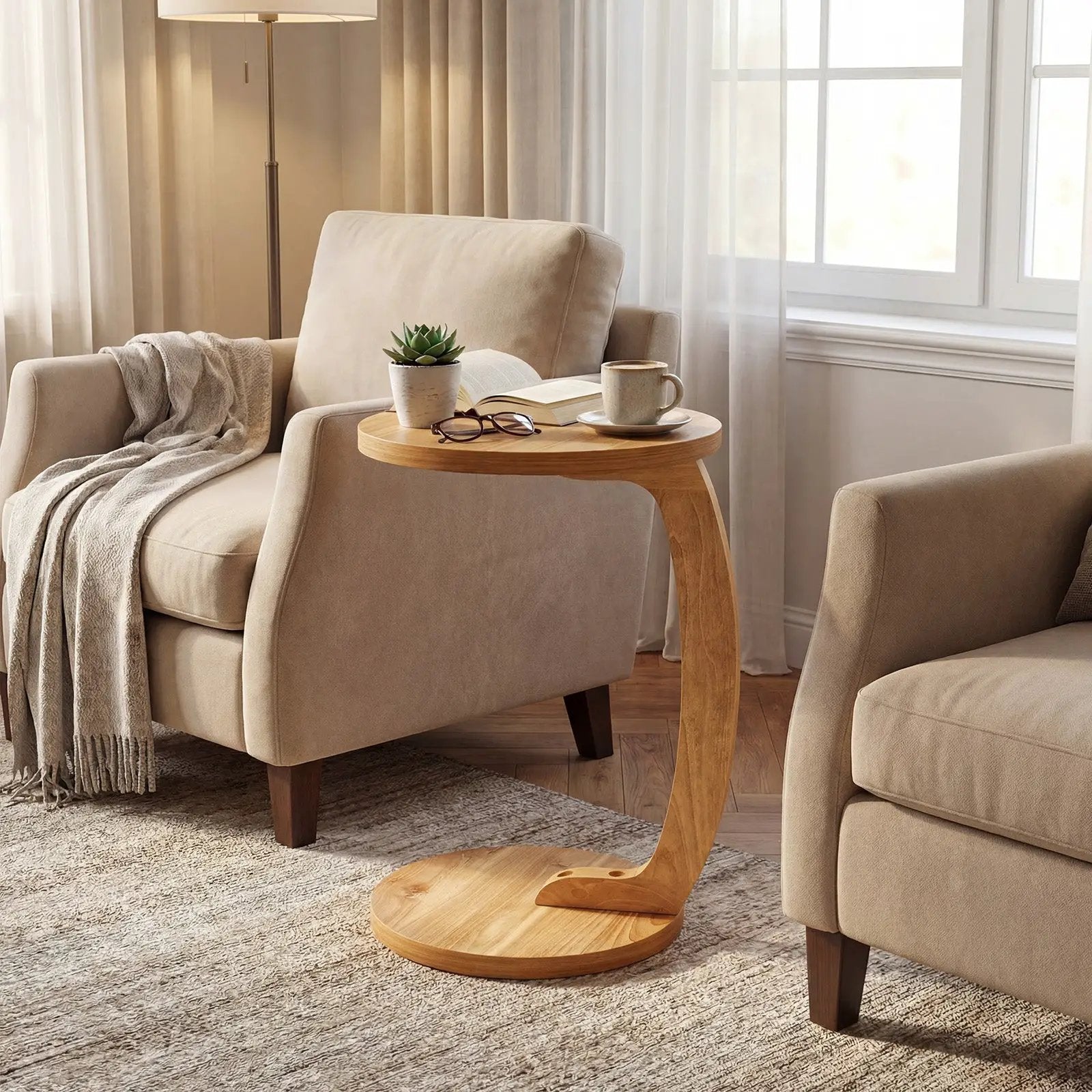 24 Inch Round C-shaped Side Table with Thickened Top and Sturdy Base by DirectDeals