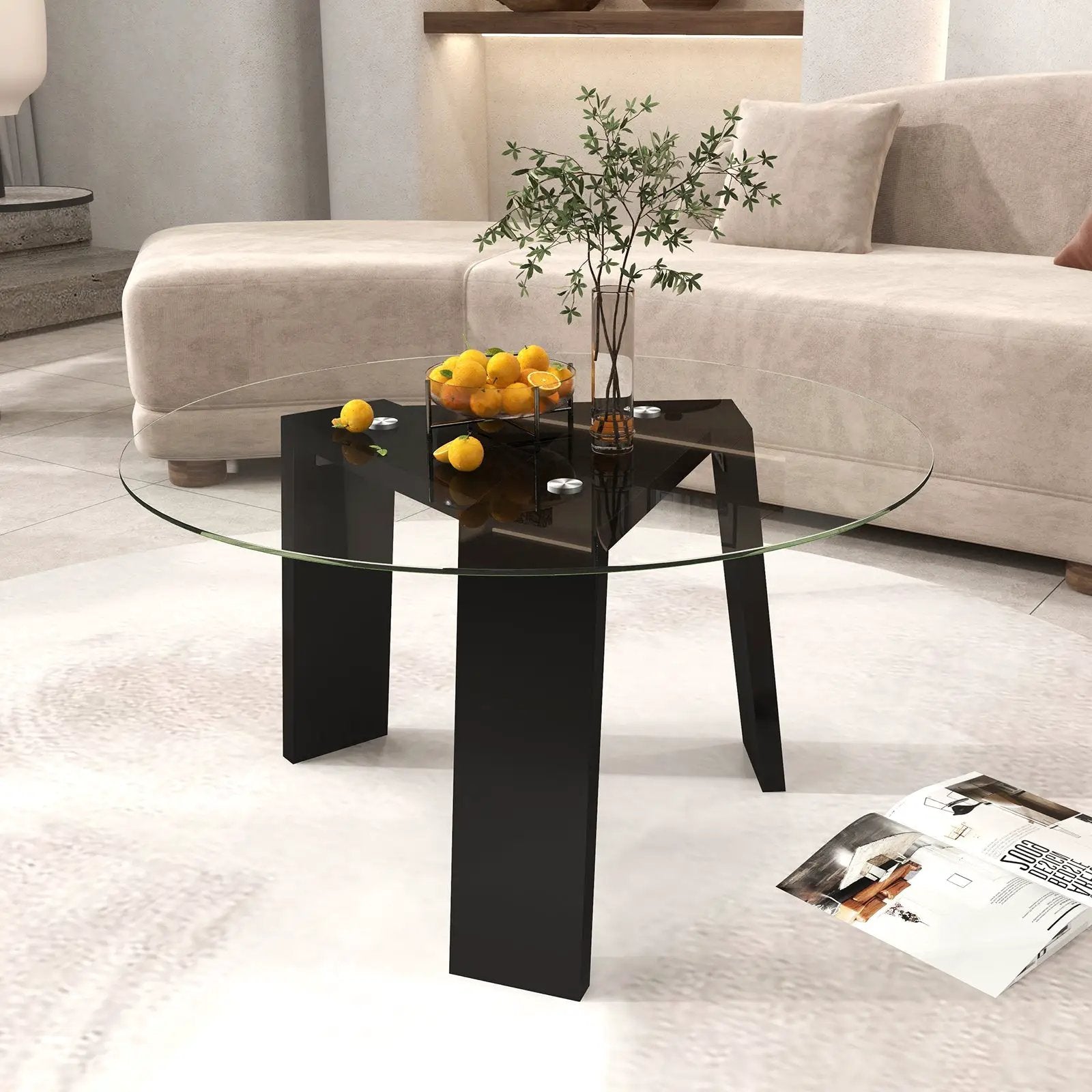 29.5 Inch Round Glass Coffee Table with Solid Rubber Wood Legs for Living Room Home Office Small Space-Black by DirectDeals
