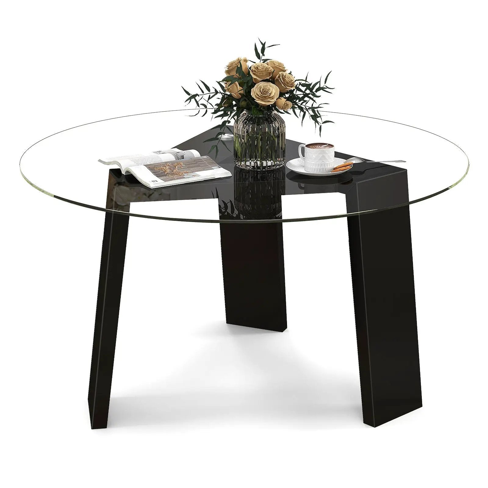 29.5 Inch Round Glass Coffee Table with Solid Rubber Wood Legs for Living Room Home Office Small Space-Black by DirectDeals