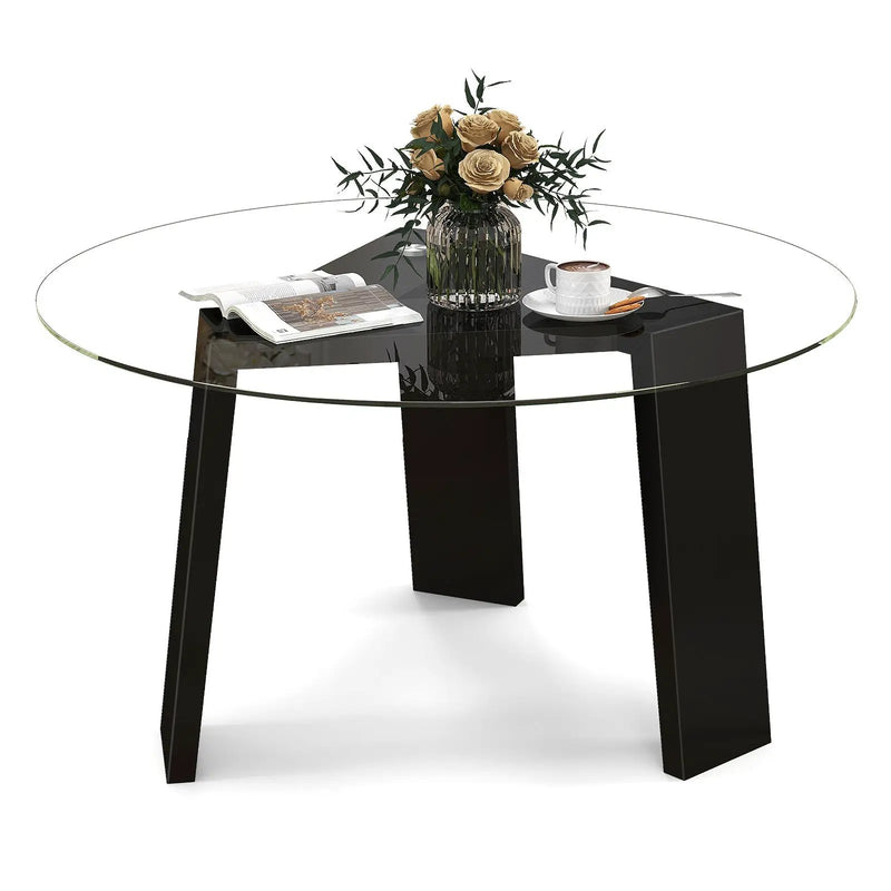 29.5 Inch Round Glass Coffee Table with Solid Rubber Wood Legs for Living Room Home Office Small Space-Black by DirectDeals