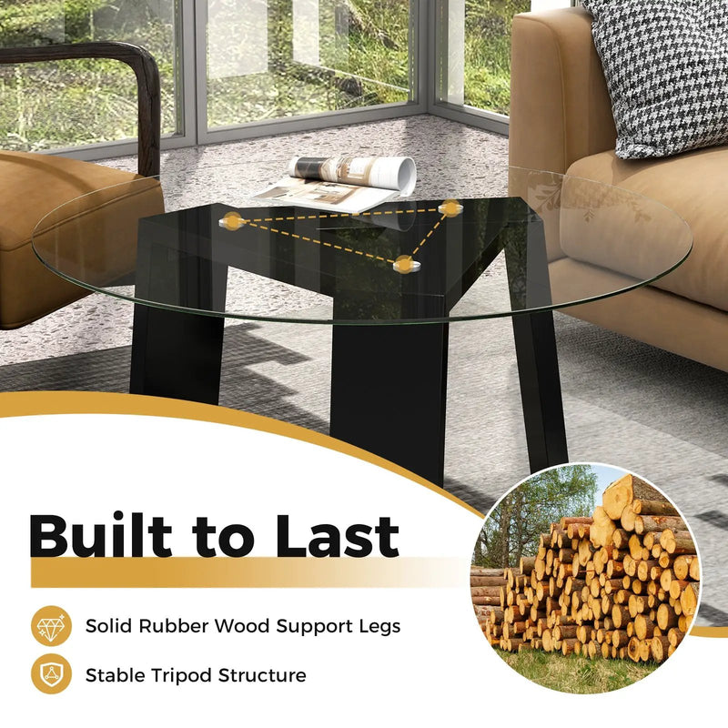 29.5 Inch Round Glass Coffee Table with Solid Rubber Wood Legs for Living Room Home Office Small Space-Black by DirectDeals