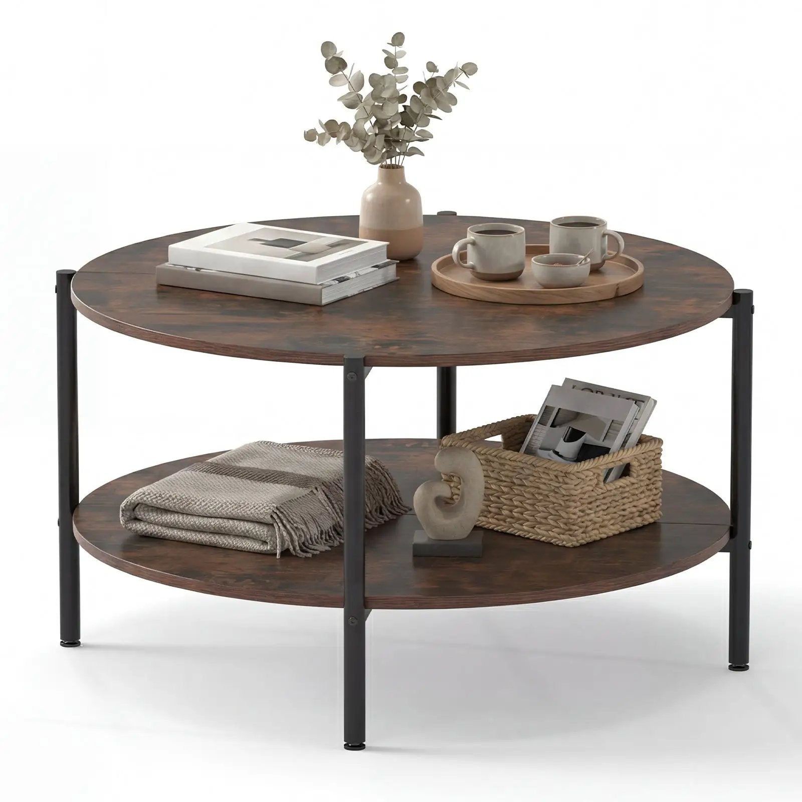 Round Coffee Table 2-Tier Industrial Accent Table with Open Storage Shelf-Rustic Brown by DirectDeals