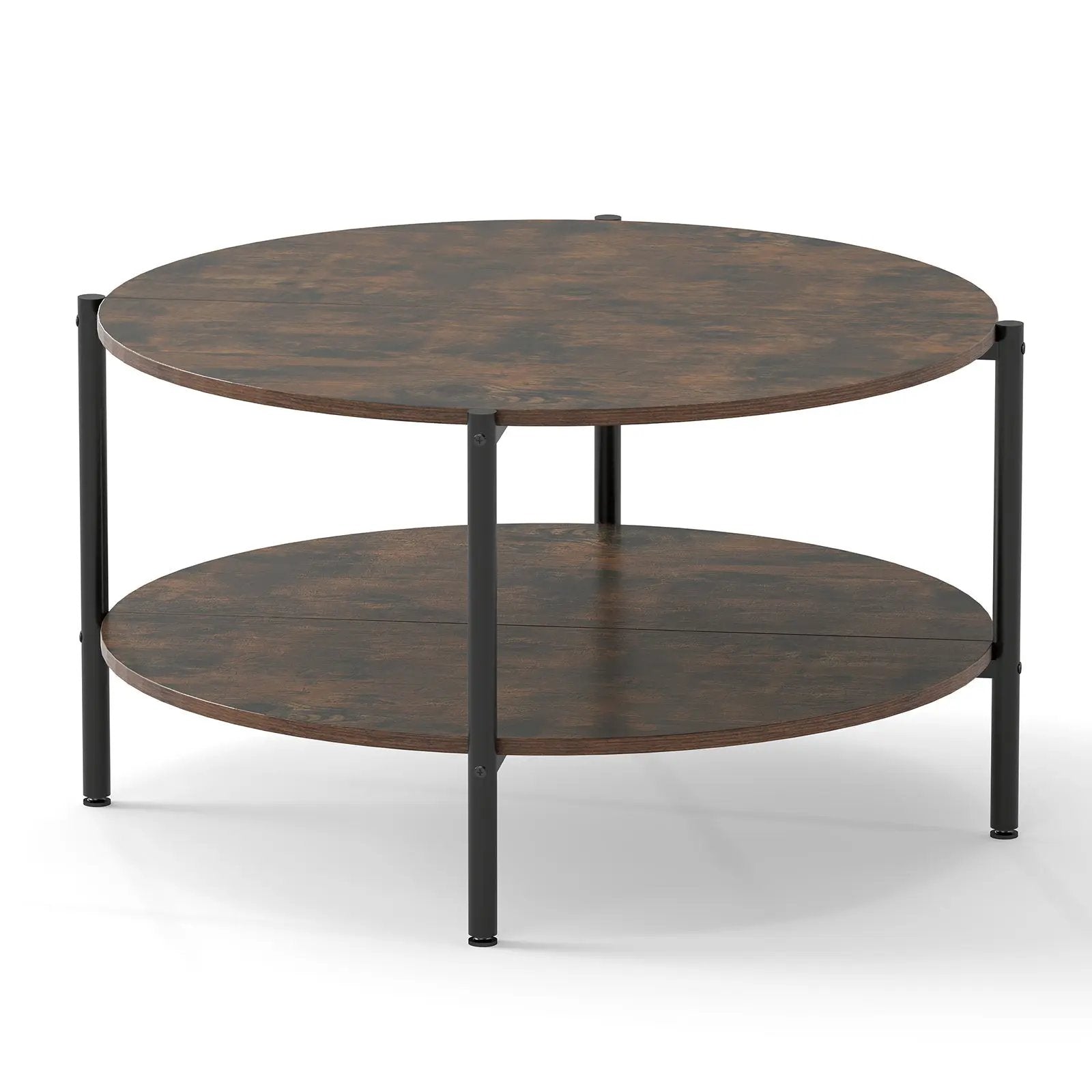 Round Coffee Table 2-Tier Industrial Accent Table with Open Storage Shelf-Rustic Brown by DirectDeals
