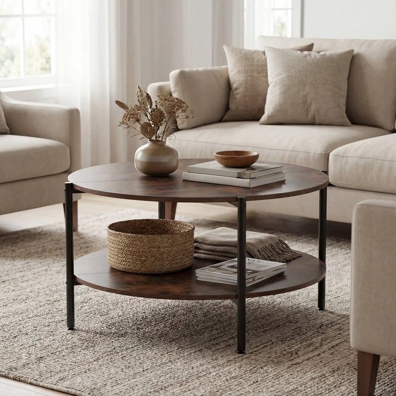 Round Coffee Table 2-Tier Industrial Accent Table with Open Storage Shelf-Rustic Brown by DirectDeals