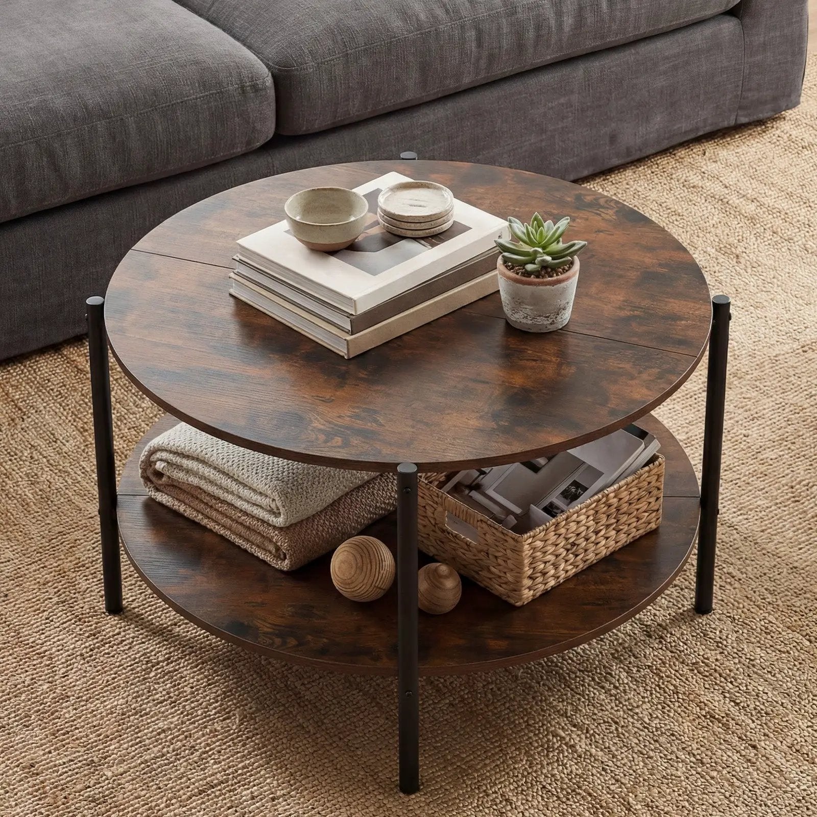 Round Coffee Table 2-Tier Industrial Accent Table with Open Storage Shelf-Rustic Brown by DirectDeals