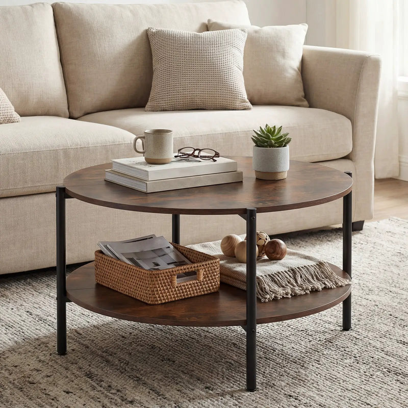 Round Coffee Table 2-Tier Industrial Accent Table with Open Storage Shelf-Rustic Brown by DirectDeals