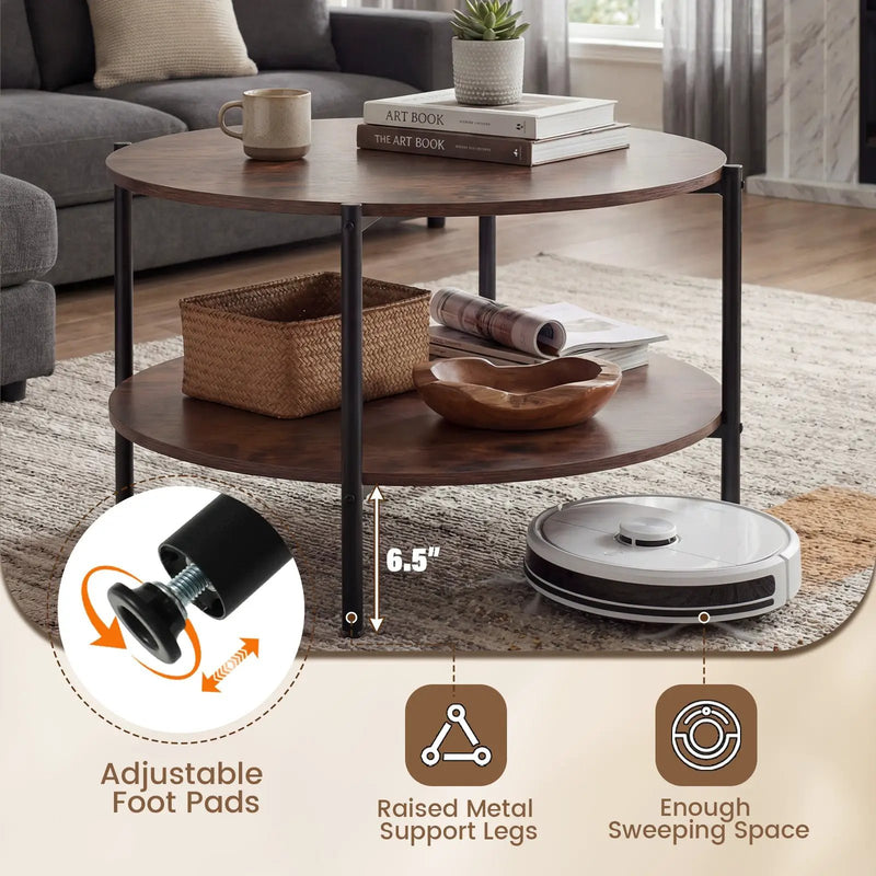 Round Coffee Table 2-Tier Industrial Accent Table with Open Storage Shelf-Rustic Brown by DirectDeals