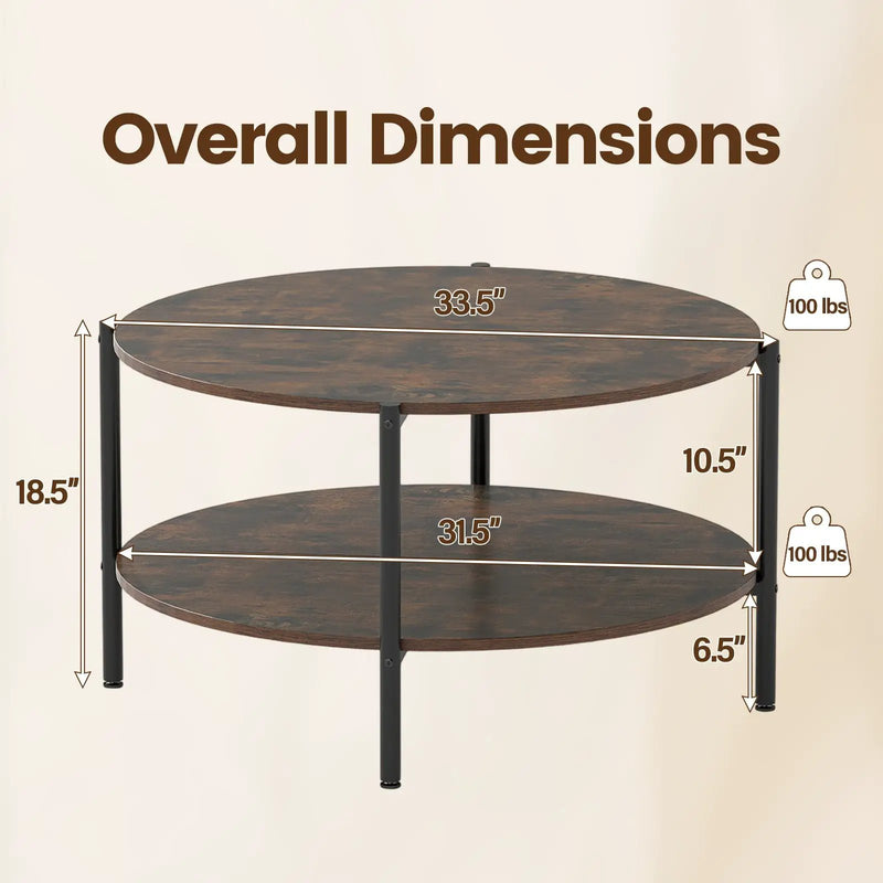 Round Coffee Table 2-Tier Industrial Accent Table with Open Storage Shelf-Rustic Brown by DirectDeals