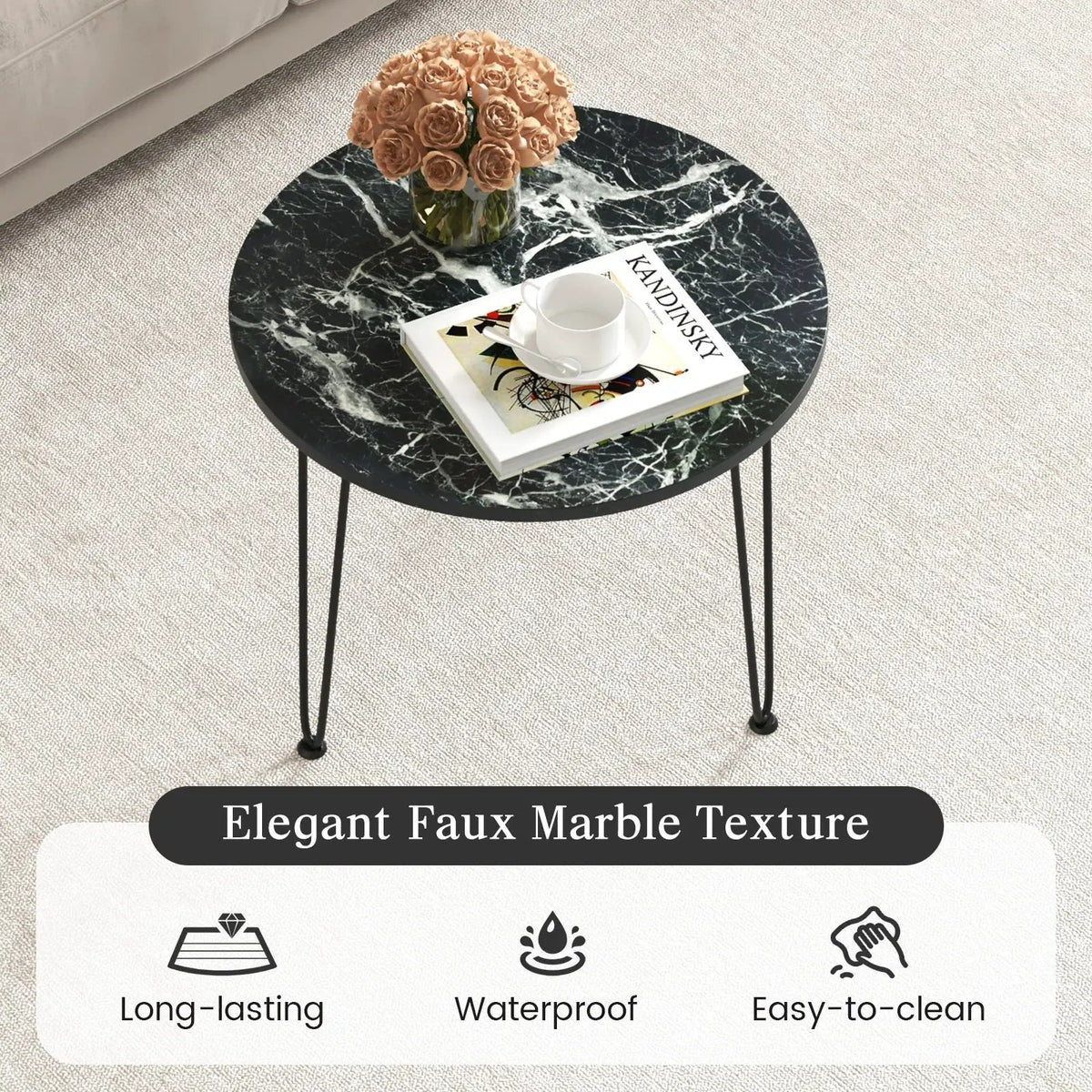 Round Coffee Table with Thickened Tabletop and Metal Tripod Legs, photo 6 of 9