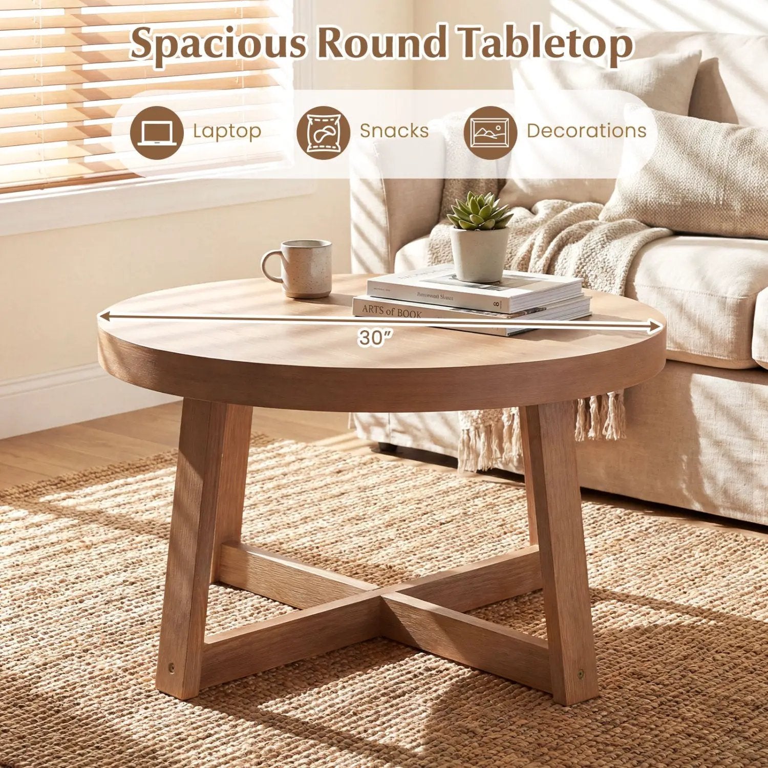 Round Coffee Table for Living Room 30 inch Farmhouse Accent Table with Study Rubber Wood Legs-Yellow by DirectDeals