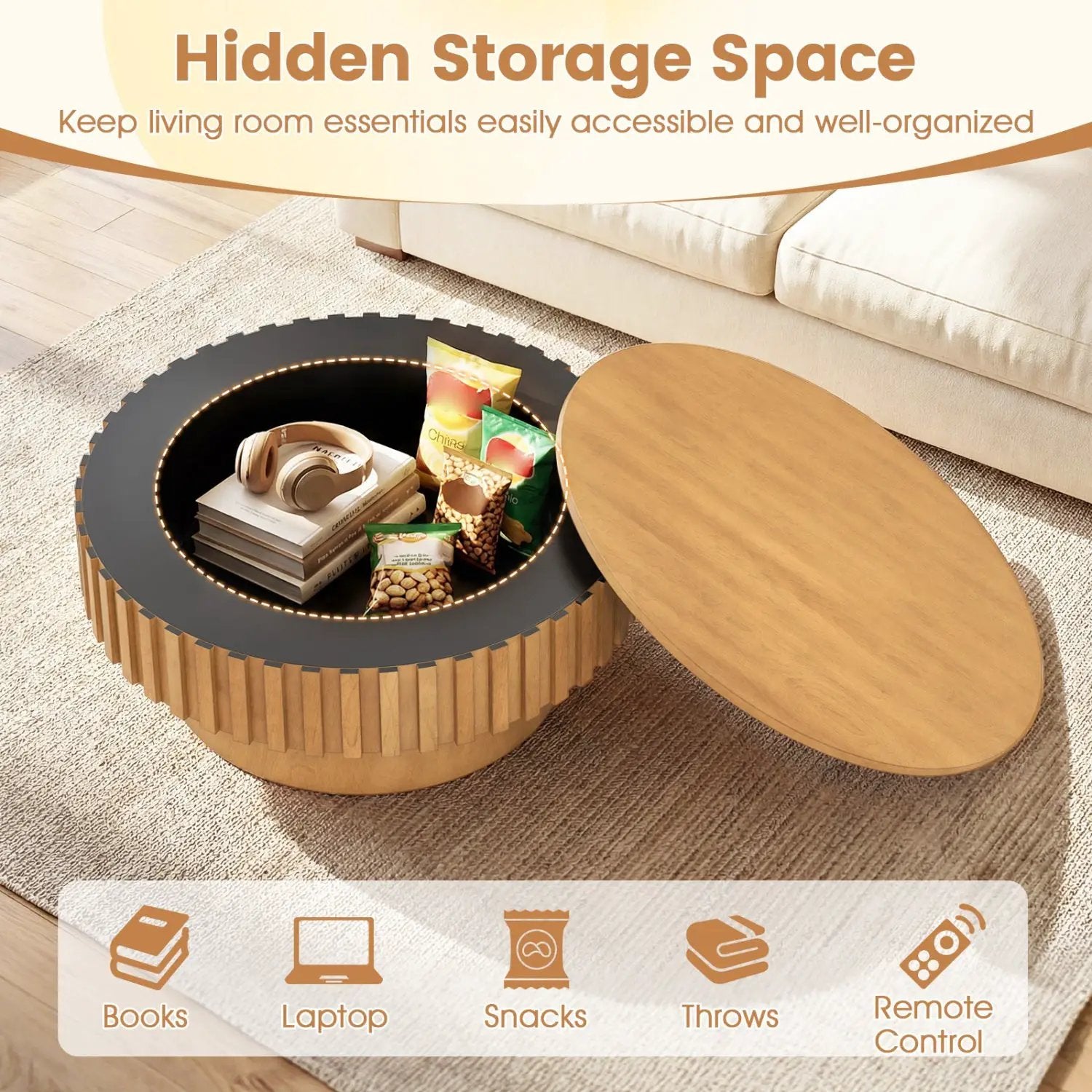 Round Coffee Table with Storage Modern Wooden Drum Coffee Table with Hidden Compartment by DirectDeals