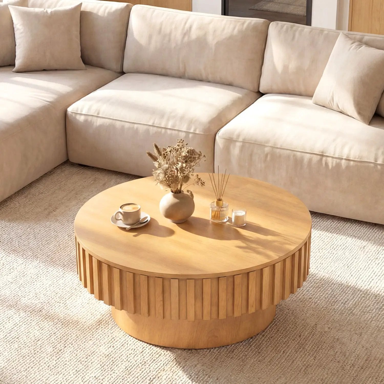 Round Coffee Table with Storage Modern Wooden Drum Coffee Table with Hidden Compartment by DirectDeals