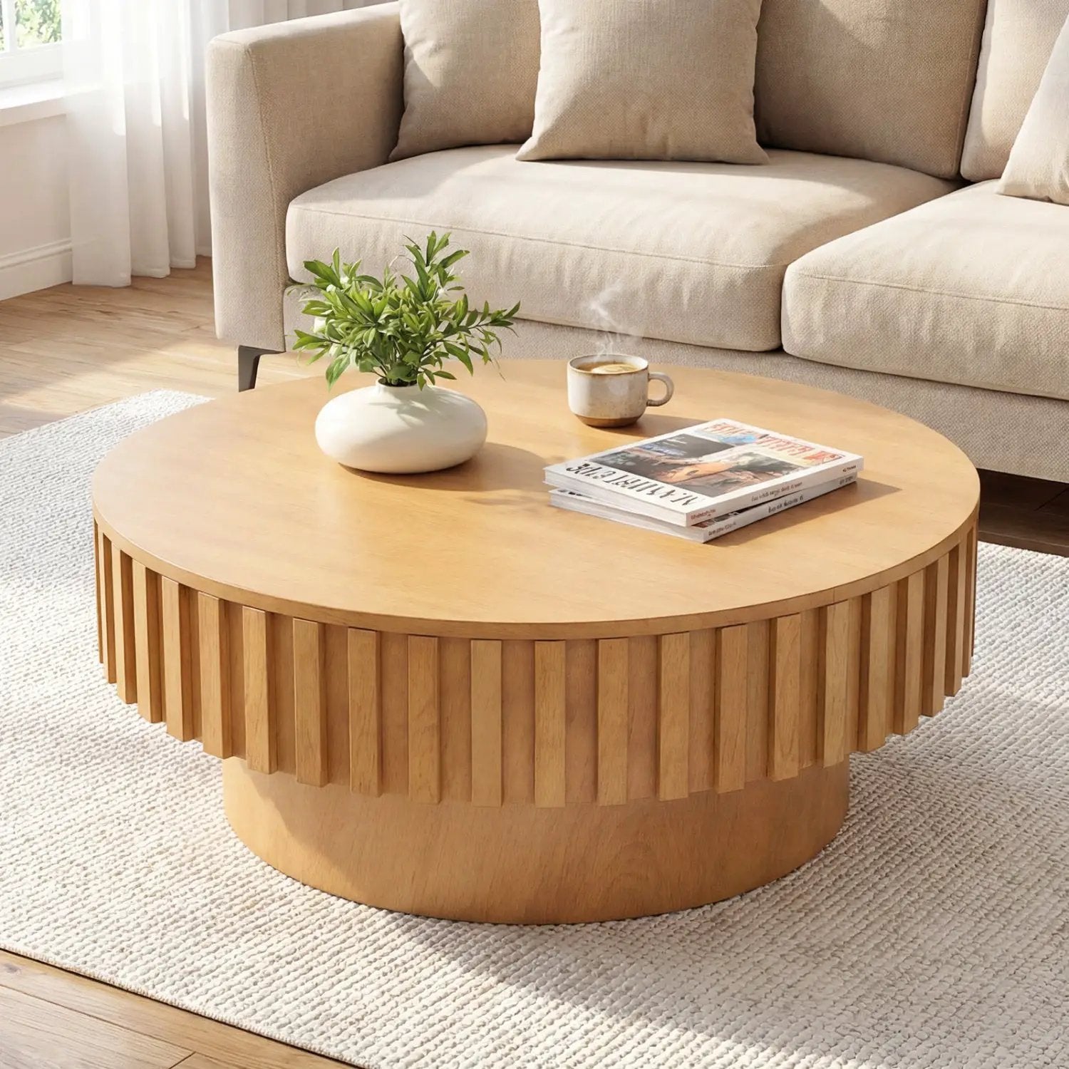 Round Coffee Table with Storage Modern Wooden Drum Coffee Table with Hidden Compartment by DirectDeals