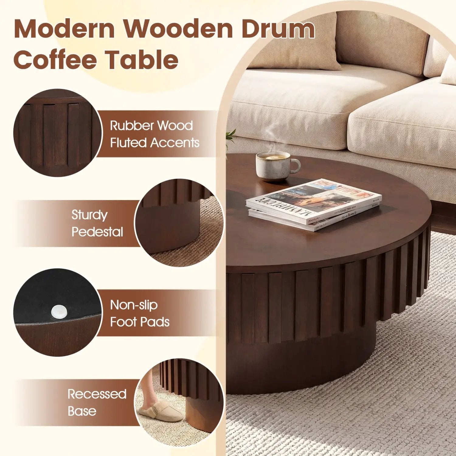 Round Coffee Table with Storage Modern Wooden Drum Coffee Table with Hidden Compartment by DirectDeals