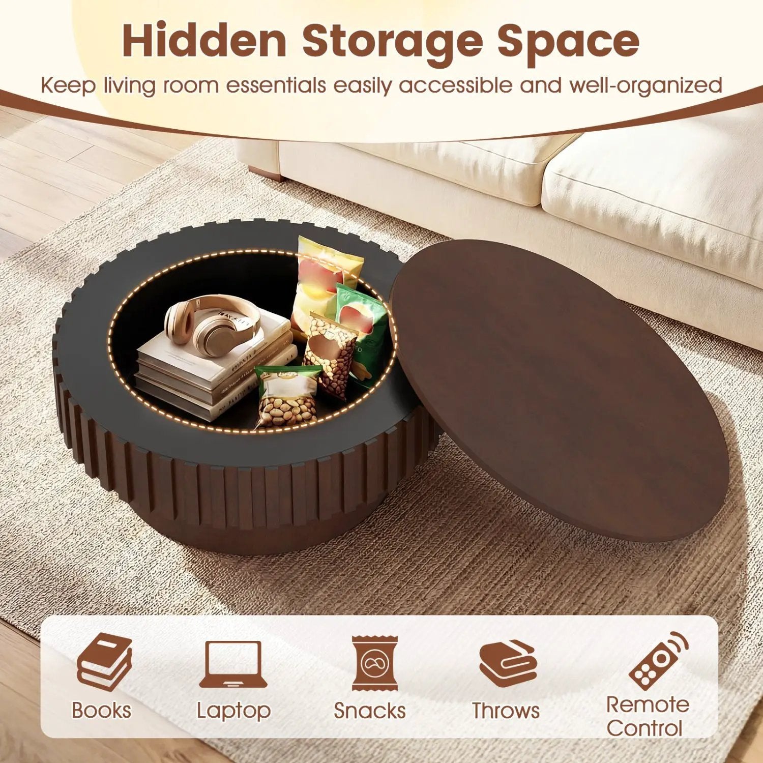 Round Coffee Table with Storage Modern Wooden Drum Coffee Table with Hidden Compartment by DirectDeals