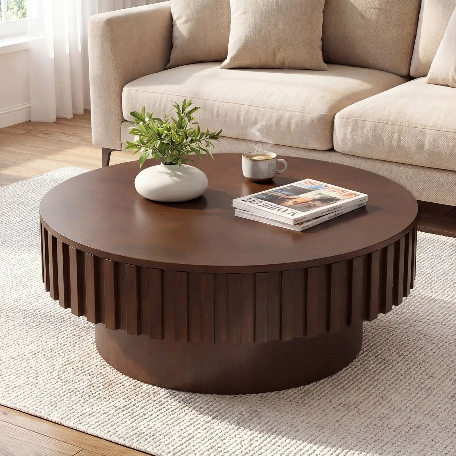 Round Coffee Table with Storage Modern Wooden Drum Coffee Table with Hidden Compartment by DirectDeals