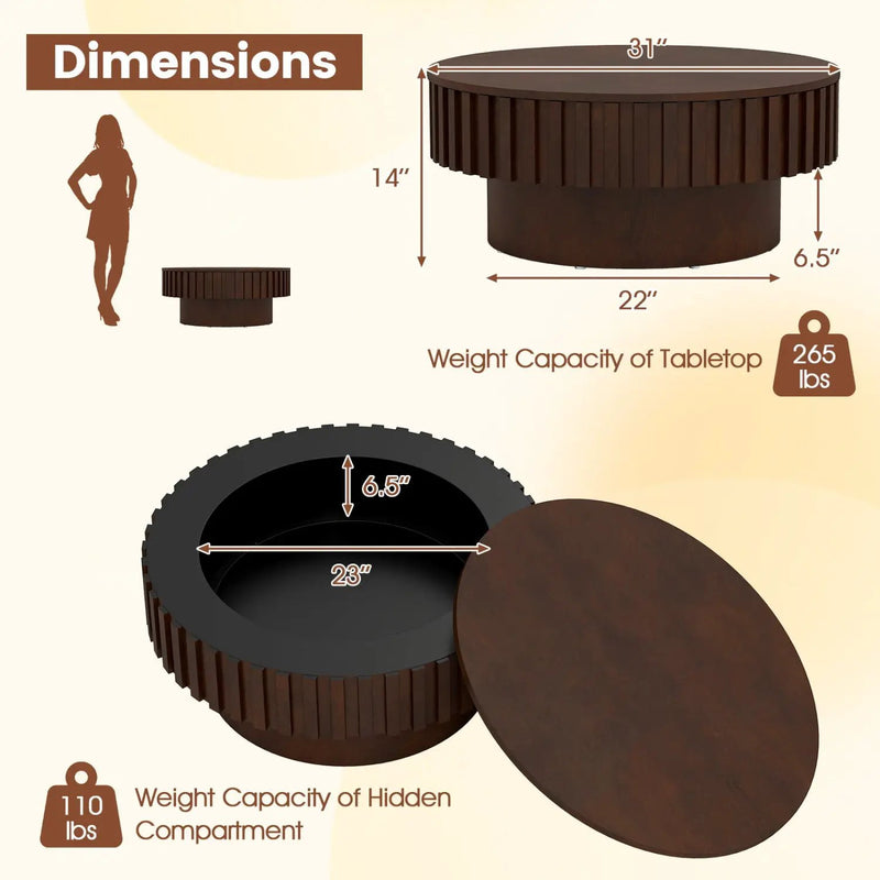 Round Coffee Table with Storage Modern Wooden Drum Coffee Table with Hidden Compartment by DirectDeals