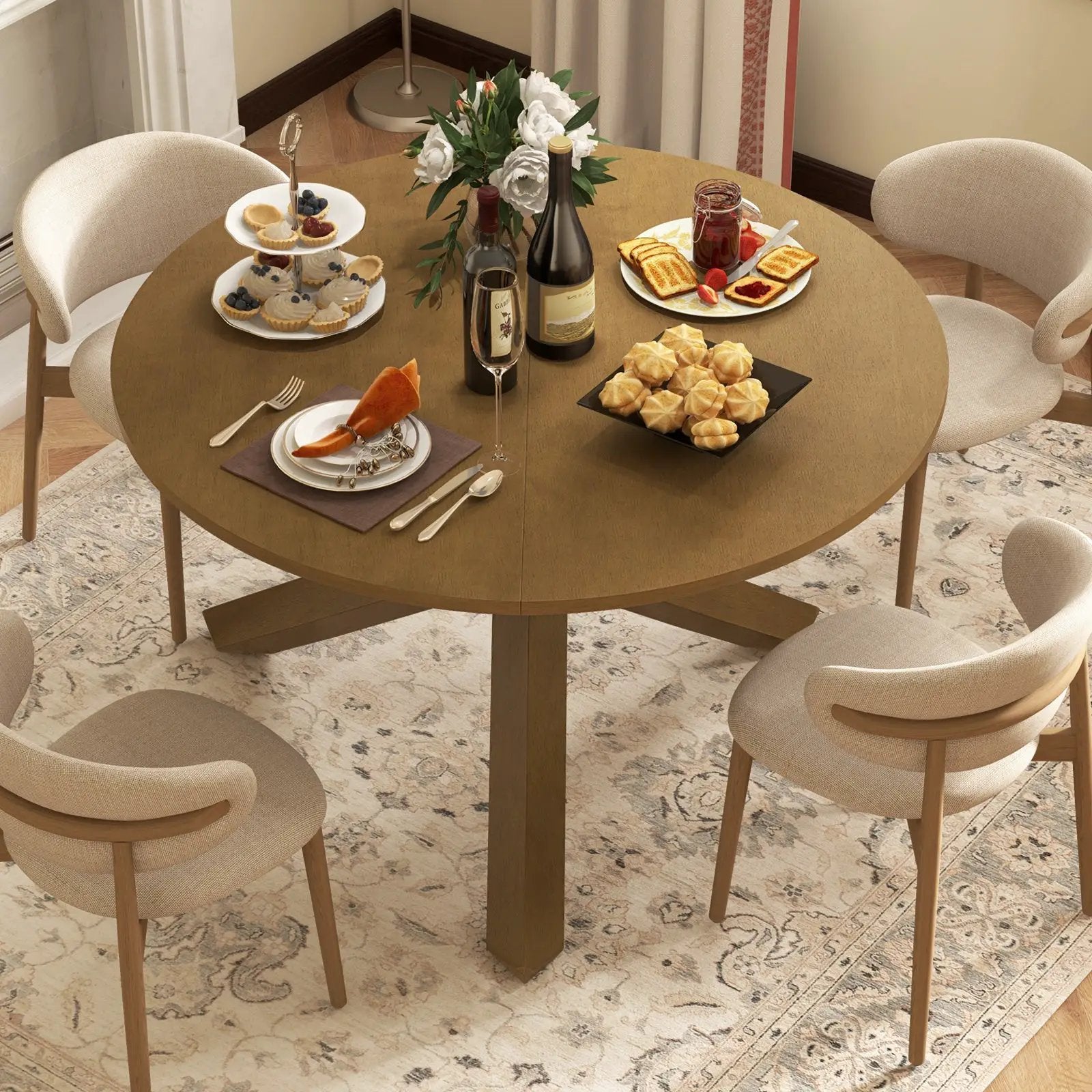 47 Inches Round Dining Table with Solid Acacia Wood Legs for 4-6 Person-Natural by DirectDeals