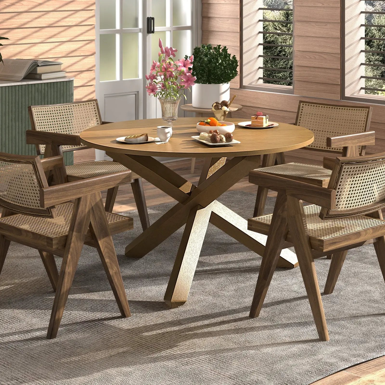 47 Inches Round Dining Table with Solid Acacia Wood Legs for 4-6 Person-Natural by DirectDeals