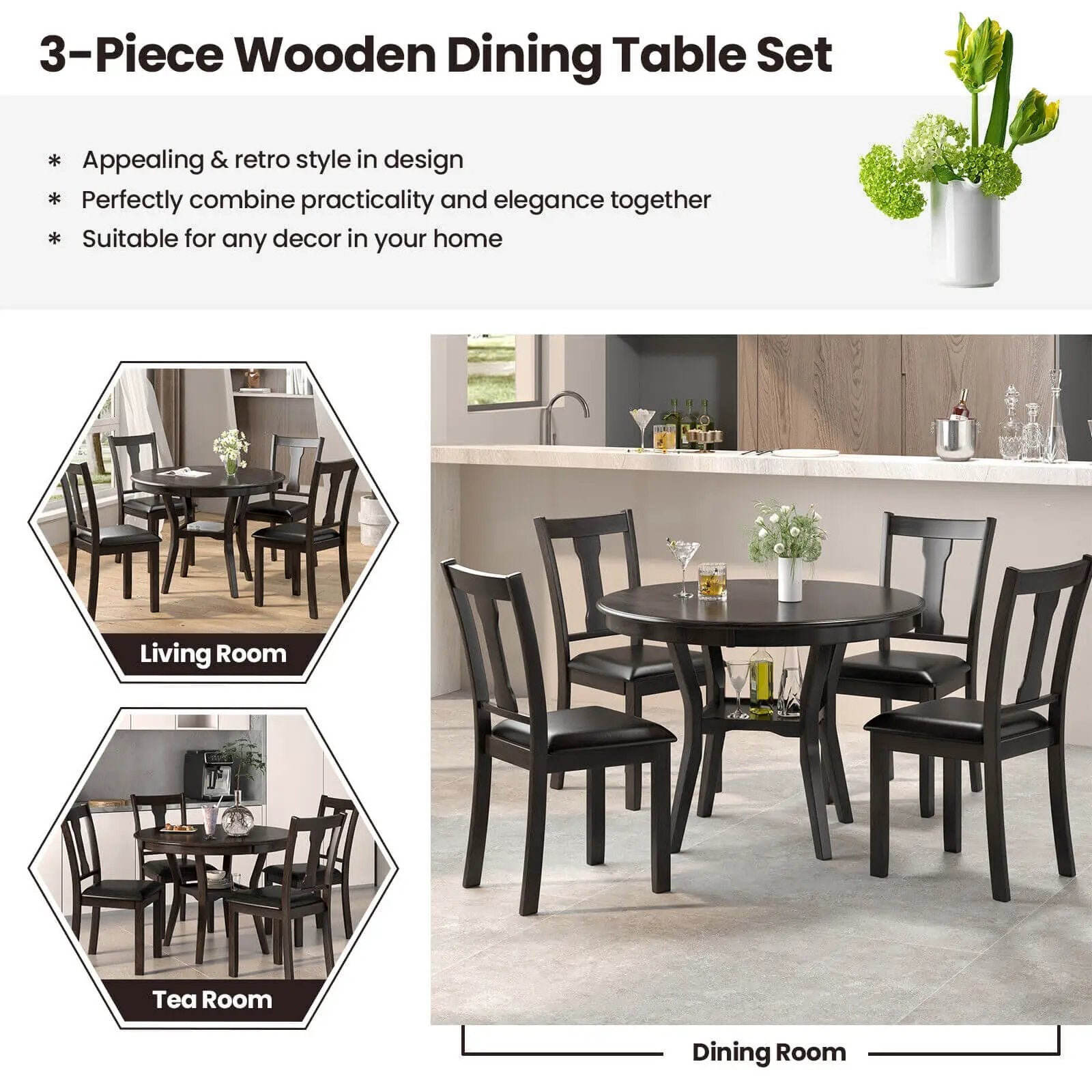 5-Piece Round Dining Table Set Wooden Kitchen Modern Table and 4 Chairs by DirectDeals