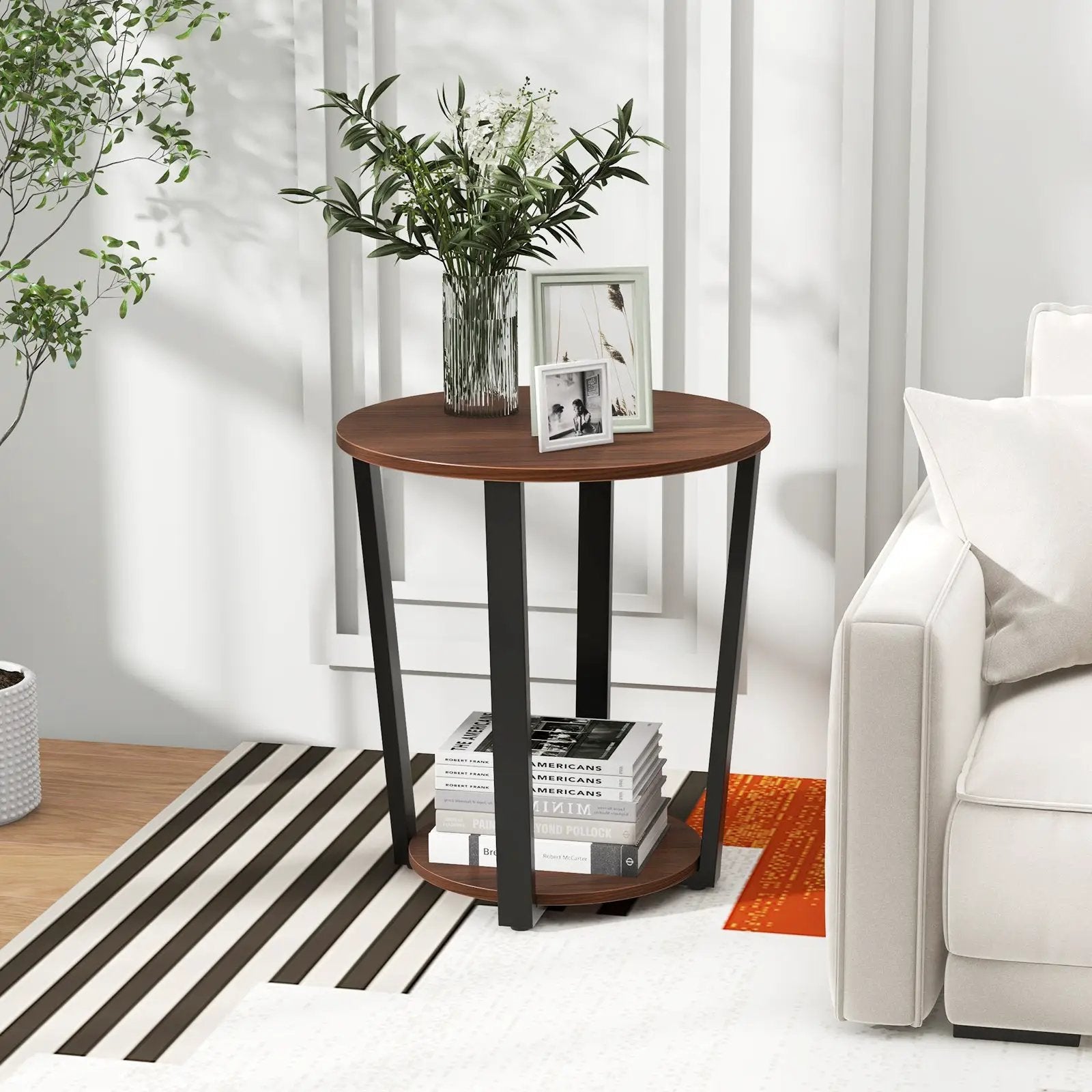 Round End Table with Open Shelf and Metal Frame-Walnut by DirectDeals