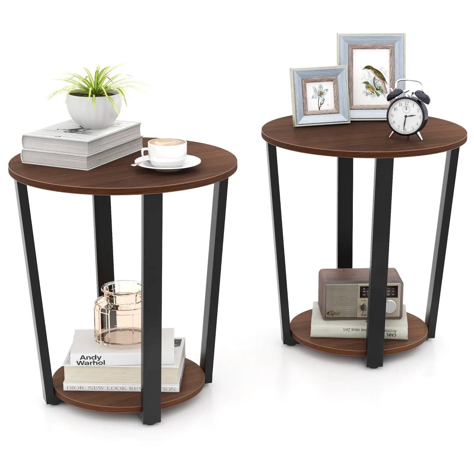 Round End Table with Open Shelf and Metal Frame-Walnut by DirectDeals