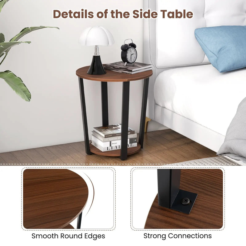 Round End Table with Open Shelf and Metal Frame-Walnut by DirectDeals